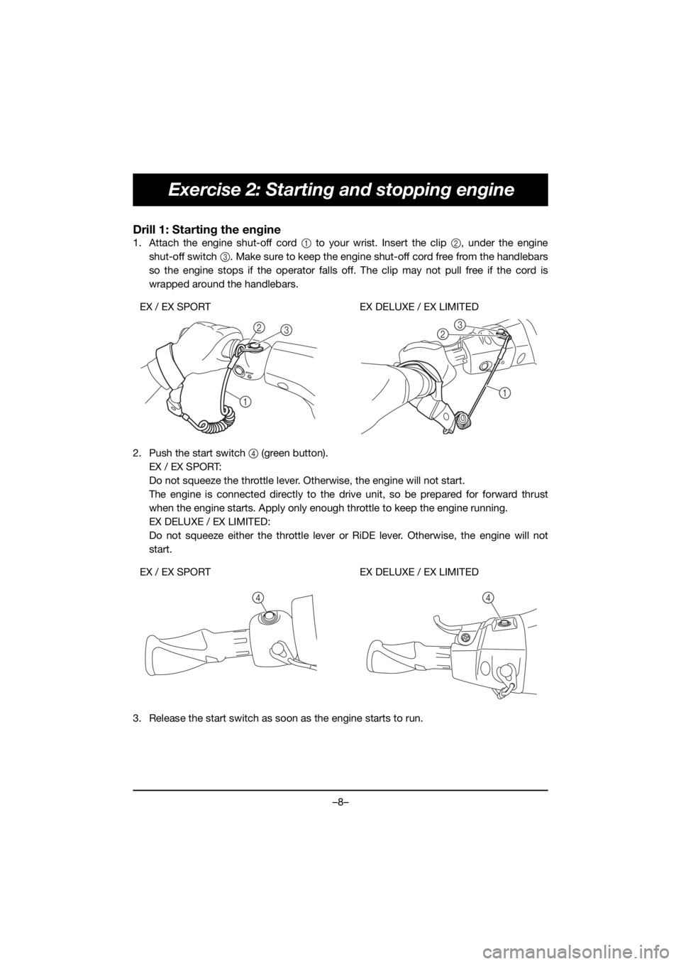 YAMAHA EX 2021  Manuale de Empleo (in Spanish) –8–
Exercise 2: Starting and stopping engine
Drill 1: Starting the engine
1. Attach the engine shut-off cord 1 to your wrist. Insert the clip  2, under the engine
shut-off switch  3. Make sure to 