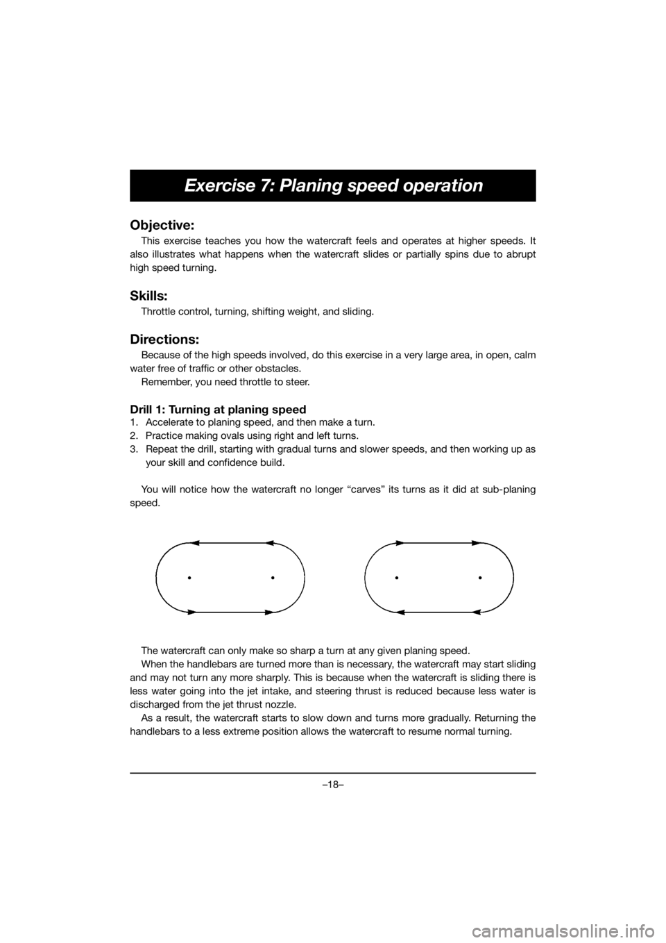 YAMAHA EX 2021  Manuale duso (in Italian) –18–
Exercise 7: Planing speed operation 
Objective:
This exercise teaches you how the watercraft feels and operates at higher speeds. It
also illustrates what happens when the watercraft slides o