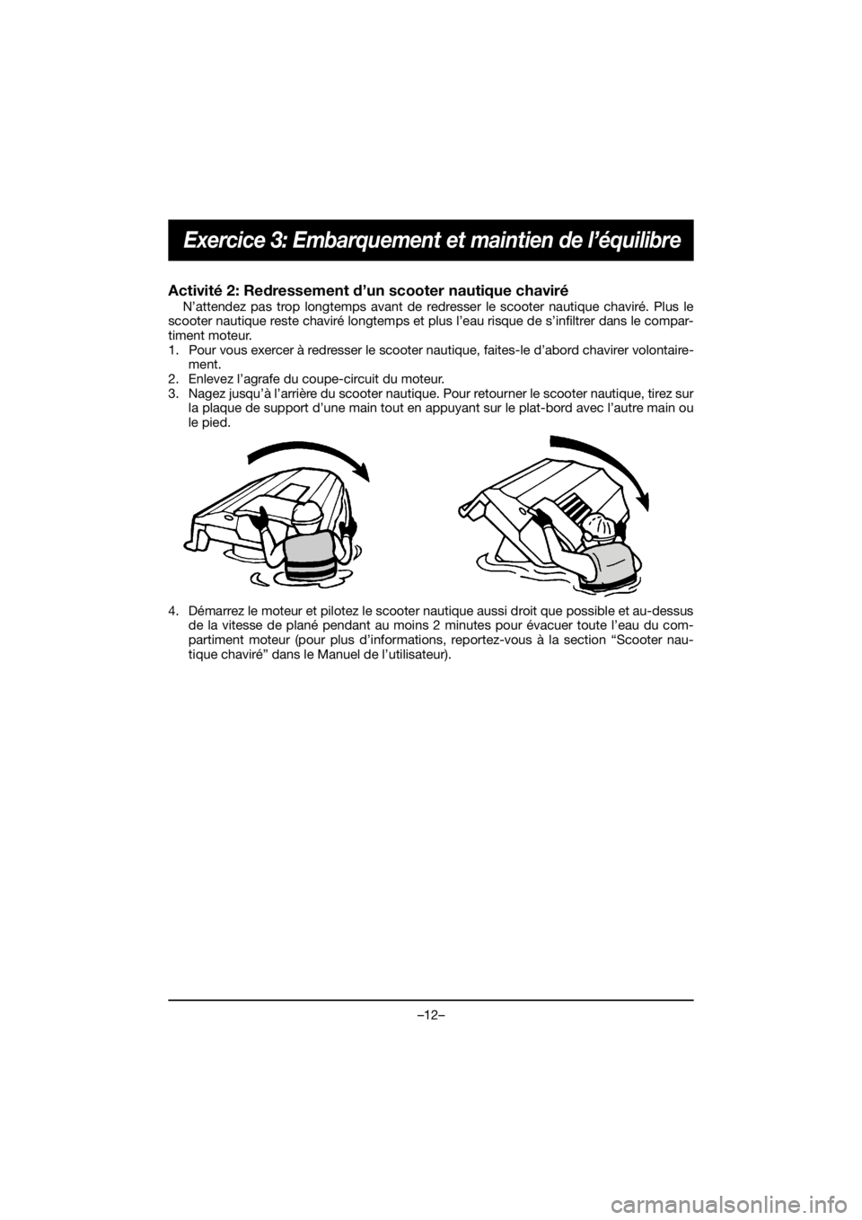YAMAHA EX 2021  Manuale de Empleo (in Spanish) –12–
Exercice 3: Embarquement et maintien de l’équilibre
Activité 2: Redressement d’un scooter nautique chaviré 
N’attendez pas trop longtemps avant de redresser le scooter nautique chavi