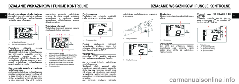 YAMAHA EX SPORT 2021  Instrukcja obsługi (in Polish) 3637Zespół wyświetlacza wielofunkcyjnegoAby ułatwić prowadzenie skutera wodnego, zespół  wyświetlacza  wielofunkcyjnego wyświetla różne informacje. 
1. Wyświetlacz informacji2. Lampka ostr