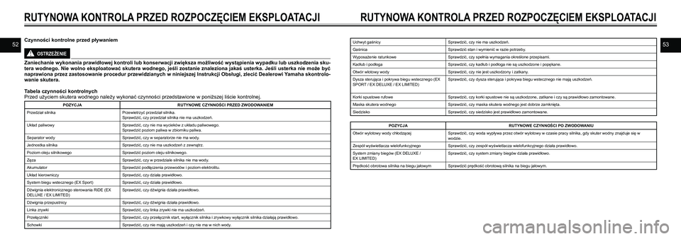 YAMAHA EX DELUXE 2021 Instrukcja obsługi (in Polish) 5253
RUTYNOWA KONTROLA PRZED ROZPOCZĘCIEM EKSPLOATACJI
Czynności kontrolne przed pływaniem
OSTRZEŻENIE!
Zaniechanie wykonania prawidłowej kontroli lub konserwacji zwiększa możliwość wystąpie YAMAHA EX DELUXE 2021 Instrukcja obsługi (in Polish) 5253
RUTYNOWA KONTROLA PRZED ROZPOCZĘCIEM EKSPLOATACJI
Czynności kontrolne przed pływaniem
OSTRZEŻENIE!
Zaniechanie wykonania prawidłowej kontroli lub konserwacji zwiększa możliwość wystąpie