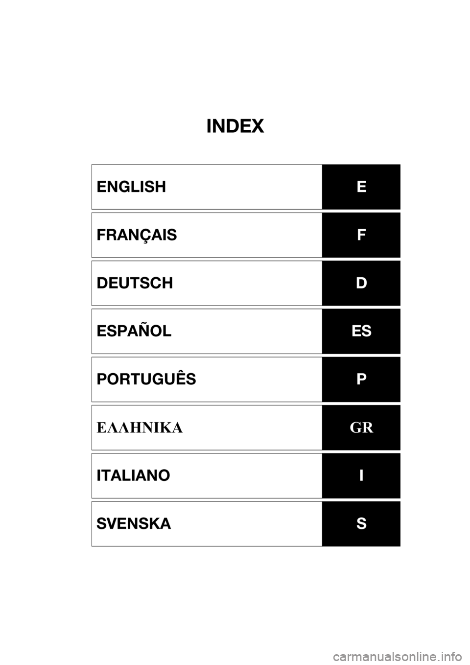 YAMAHA EX DELUXE 2020  Owners Manual INDEX
ENGLISHE
FRANÇAISF
DEUTSCHD
ESPAÑOLES
PORTUGUÊSP
ΕΛΛΗΝΙΚΑGR
ITALIANOI
SVENSKAS
E_F3Y-72-forPrint.book  Page 1  Friday, June 7, 2019  1:58 PM 