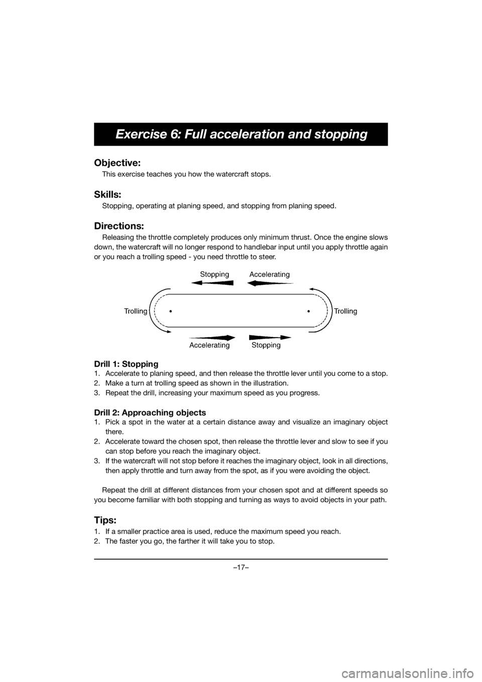 YAMAHA EX SPORT 2020 User Guide –17–
Exercise 6: Full acceleration and stopping
Objective:
This exercise teaches you how the watercraft stops. 
Skills:
Stopping, operating at planing speed, and stopping from planing speed.
Direc