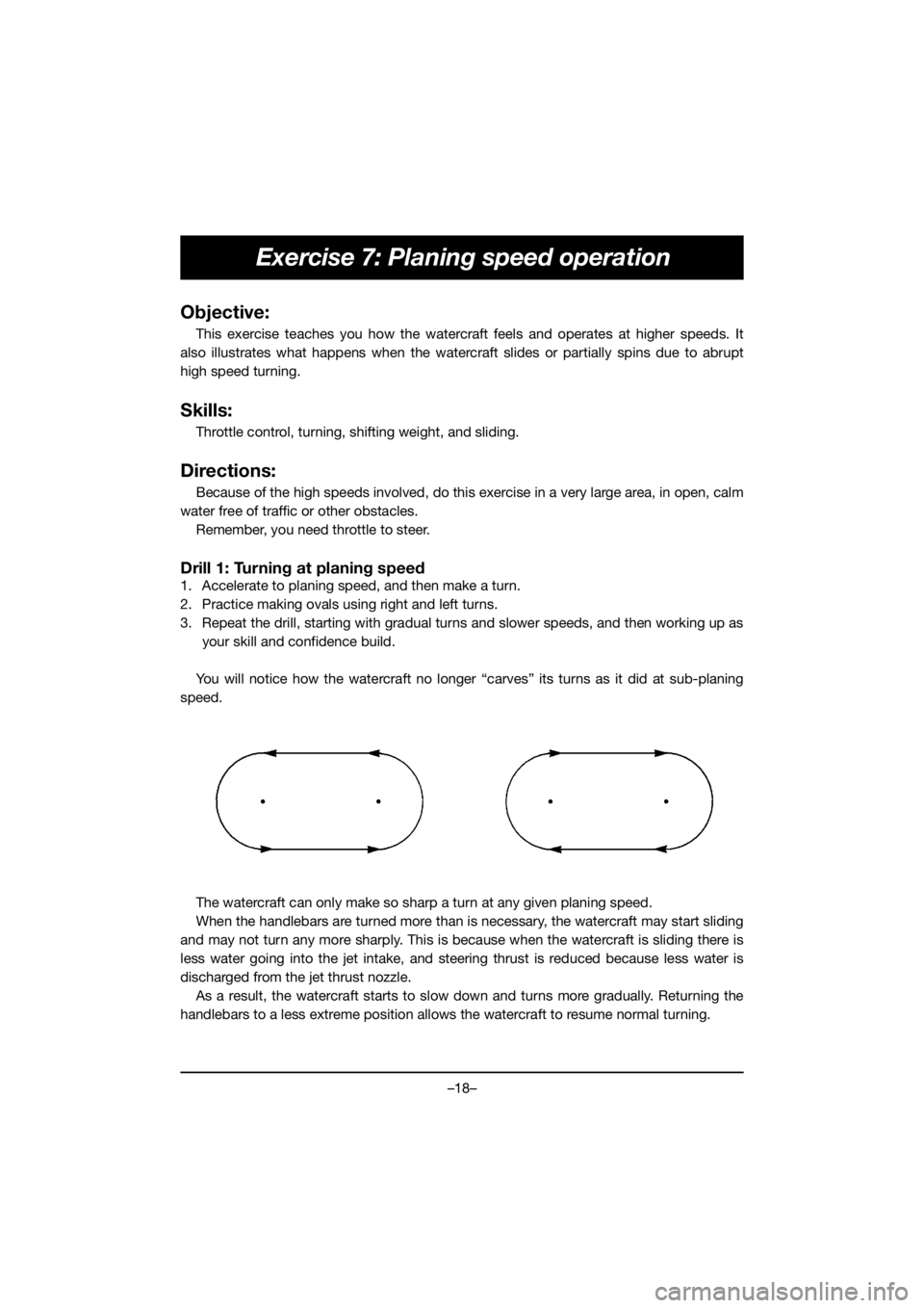 YAMAHA EX SPORT 2020  Owners Manual –18–
Exercise 7: Planing speed operation 
Objective:
This exercise teaches you how the watercraft feels and operates at higher speeds. It
also illustrates what happens when the watercraft slides o