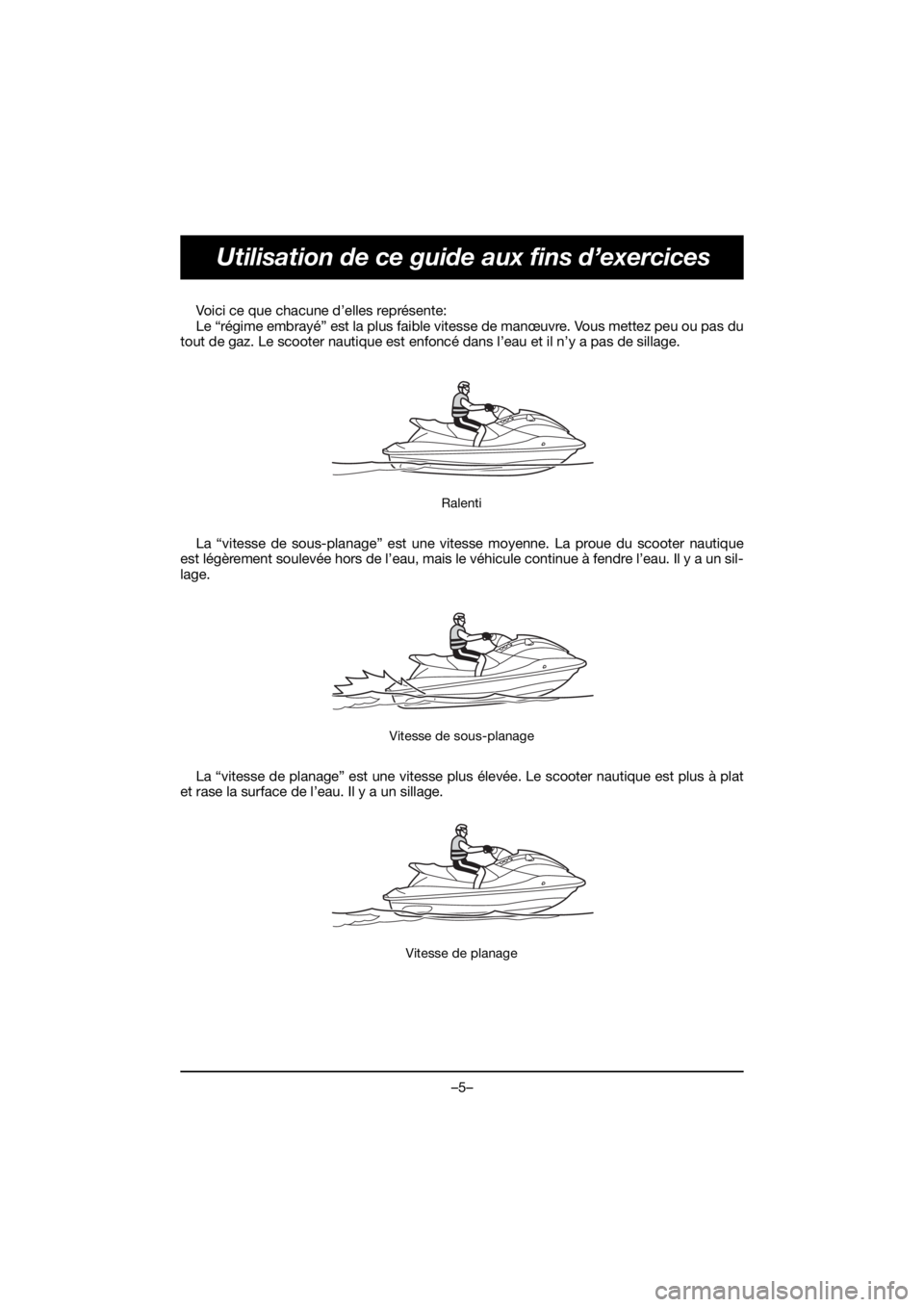 YAMAHA EX SPORT 2020  Notices Demploi (in French) –5–
Utilisation de ce guide aux fins d’exercices
Voici ce que chacune d’elles représente: 
Le “régime embrayé” est la plus faible vitesse de manœuvre. Vous mettez peu ou pas du
tout de