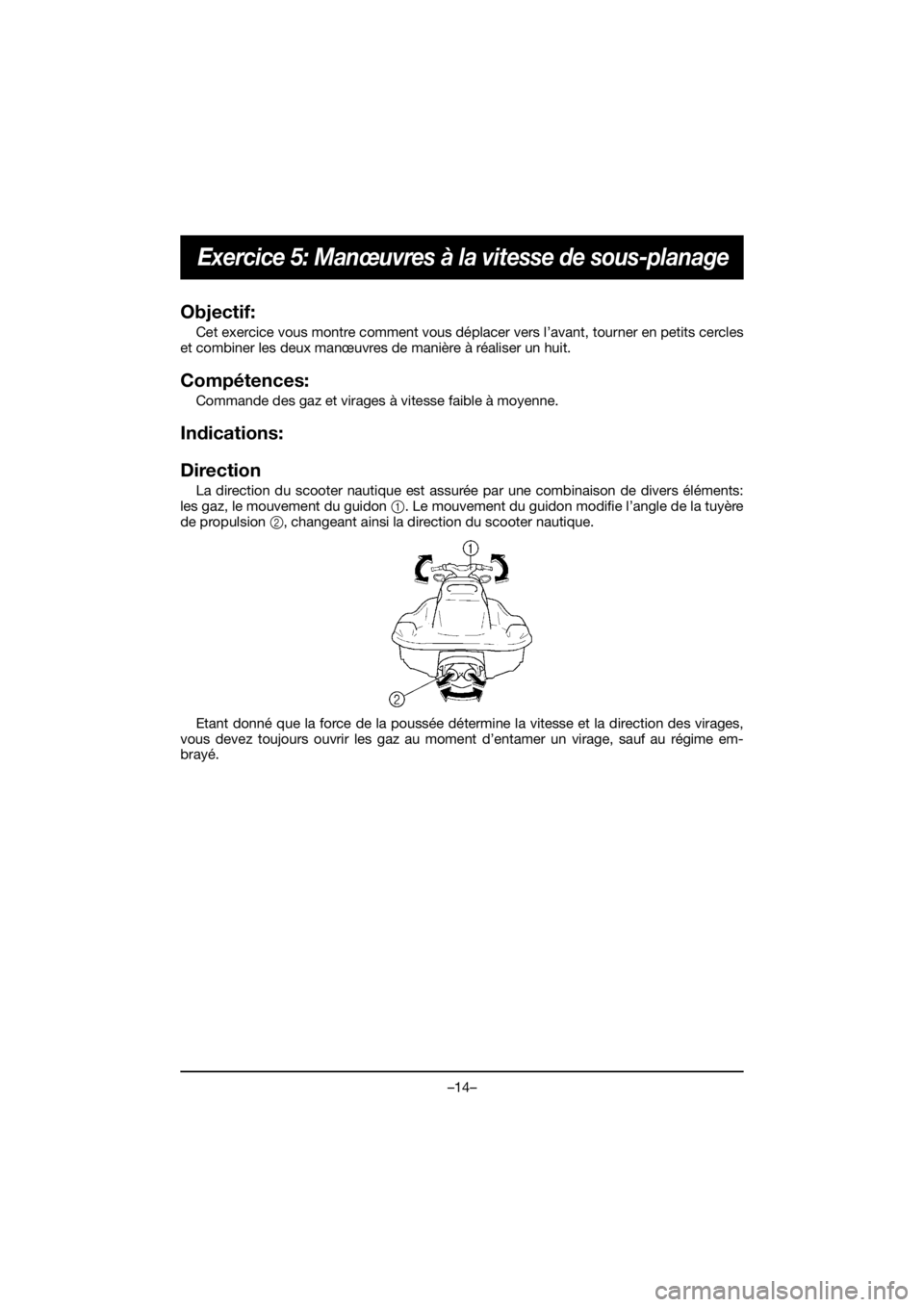 YAMAHA EX SPORT 2020  Notices Demploi (in French) –14–
Exercice 5: Manœuvres à la vitesse de sous-planage
Objectif: 
Cet exercice vous montre comment vous déplacer vers l’avant, tourner en petits cercles
et combiner les deux manœuvres de ma