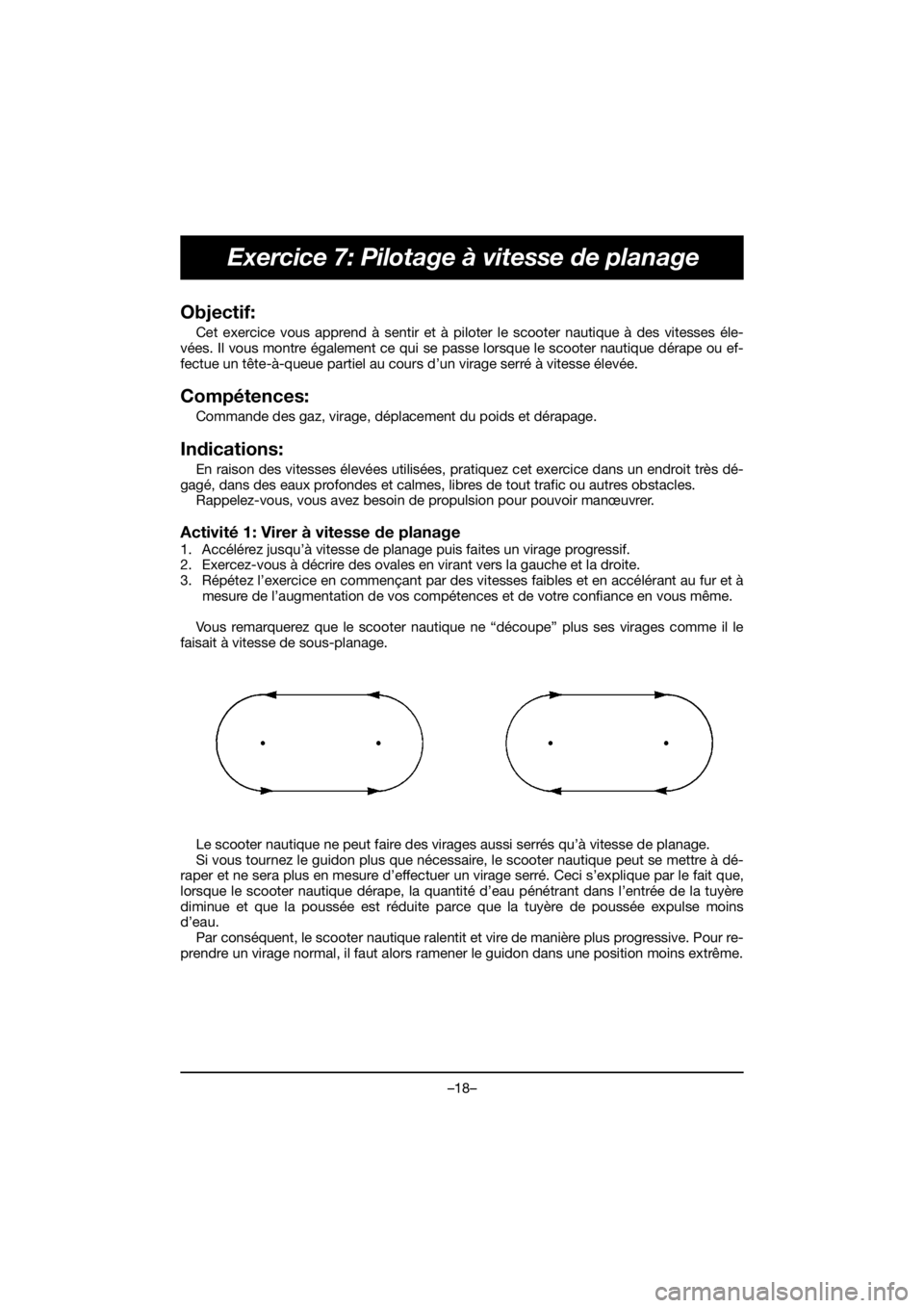 YAMAHA EX SPORT 2020  Manuale de Empleo (in Spanish) –18–
Exercice 7: Pilotage à vitesse de planage
Objectif: 
Cet exercice vous apprend à sentir et à piloter le scooter nautique à des vitesses éle-
vées. Il vous montre également ce qui se pa