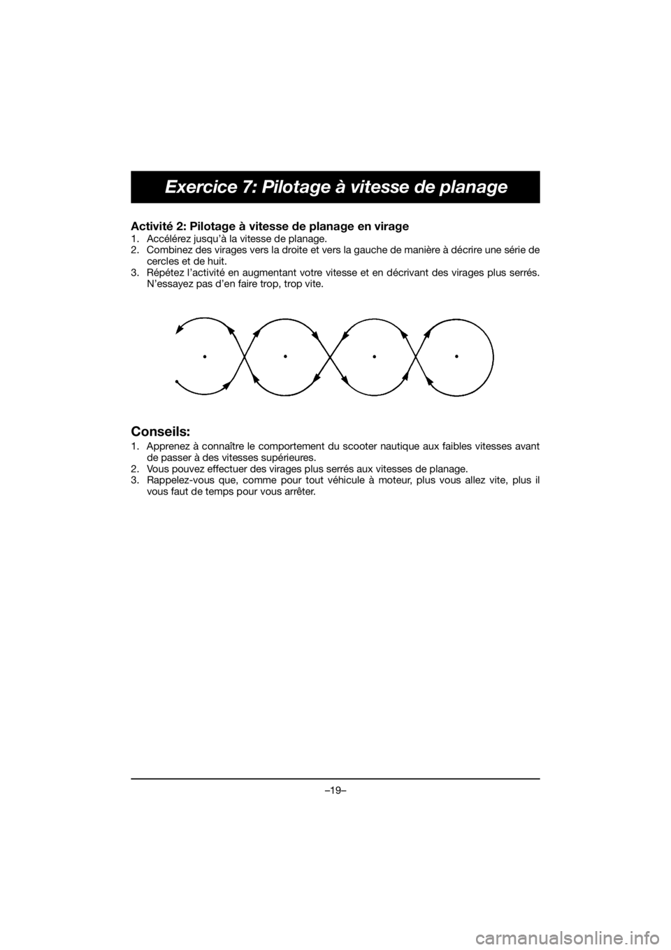 YAMAHA EX SPORT 2020  Notices Demploi (in French) –19–
Exercice 7: Pilotage à vitesse de planage
Activité 2: Pilotage à vitesse de planage en virage 
1. Accélérez jusqu’à la vitesse de planage. 
2. Combinez des virages vers la droite et v