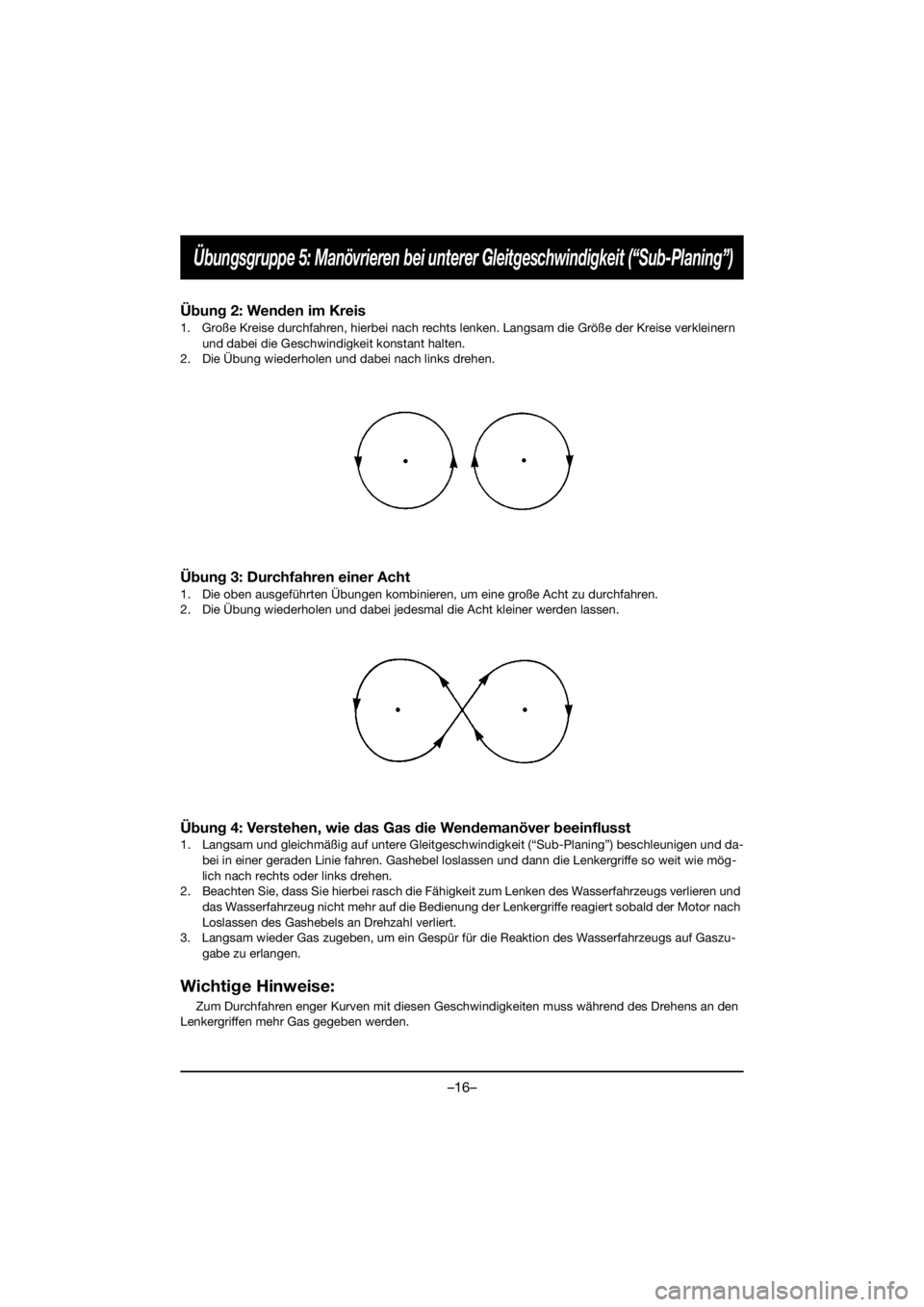 YAMAHA EX DELUXE 2019  Betriebsanleitungen (in German) –16–
Übungsgruppe 5: Manövrieren bei unterer Gleitgeschwindigkeit (“Sub-Planing”)
Übung 2: Wenden im Kreis
1. Große Kreise durchfahren, hierbei nach rechts lenken. Langsam die Größe der 