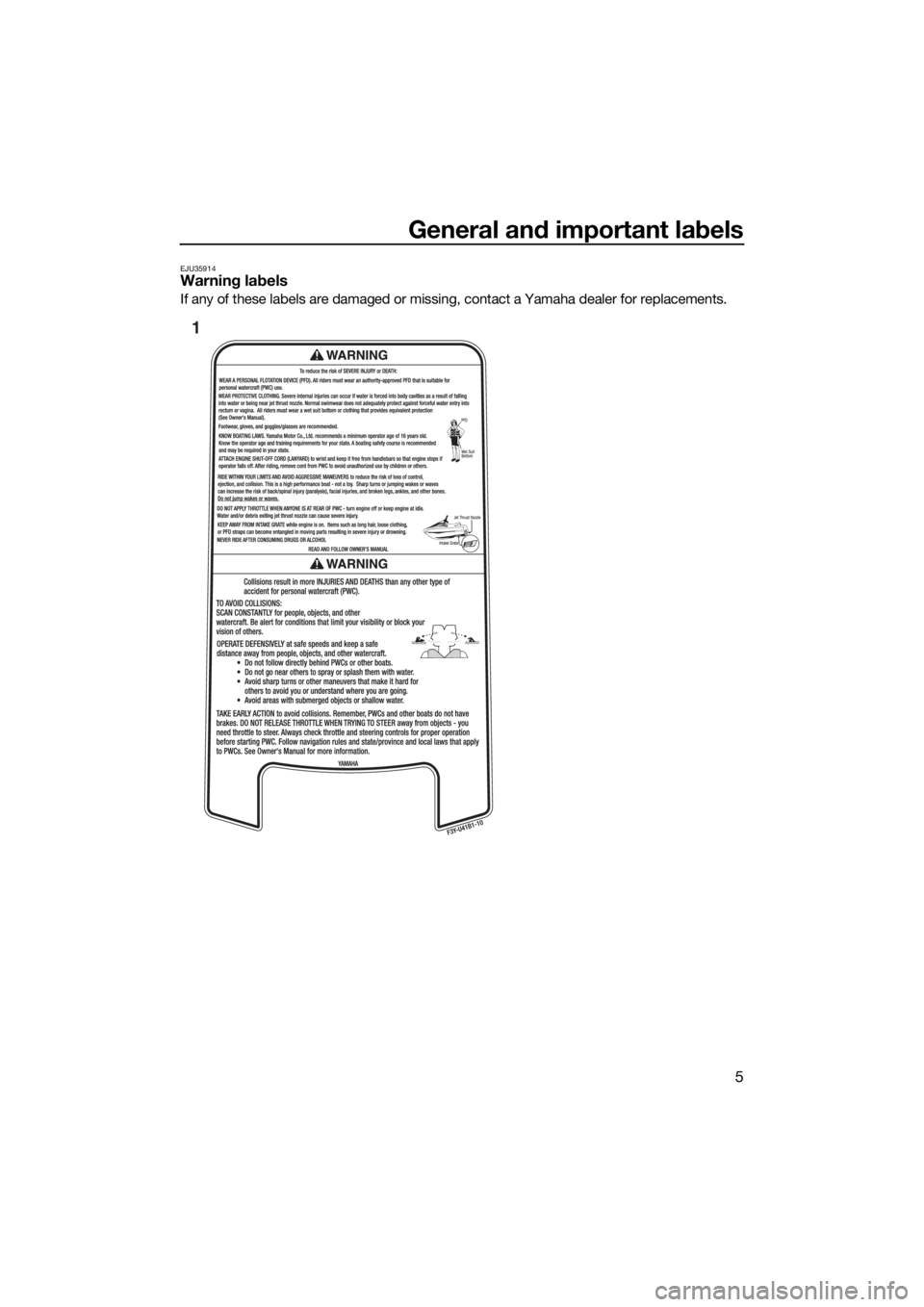YAMAHA EX 2018 User Guide General and important labels
5
EJU35914Warning labels
If any of these labels are damaged or missing, contact a Yamaha dealer for replacements.
1
UF3Y71E0.book Page 5 Thursday, May 25, 2017 11:17 AM YAMAHA EX 2018 User Guide General and important labels
5
EJU35914Warning labels
If any of these labels are damaged or missing, contact a Yamaha dealer for replacements.
1
UF3Y71E0.book Page 5 Thursday, May 25, 2017 11:17 AM