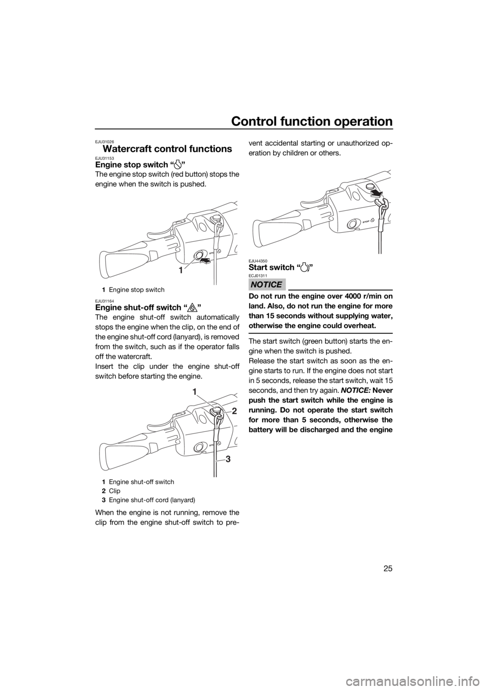 YAMAHA EX 2018 Owners Guide Control function operation
25
EJU31026
Watercraft control functionsEJU31153Engine stop switch “ ”
The engine stop switch (red button) stops the
engine when the switch is pushed.
EJU31164Engine shu YAMAHA EX 2018 Owners Guide Control function operation
25
EJU31026
Watercraft control functionsEJU31153Engine stop switch “ ”
The engine stop switch (red button) stops the
engine when the switch is pushed.
EJU31164Engine shu