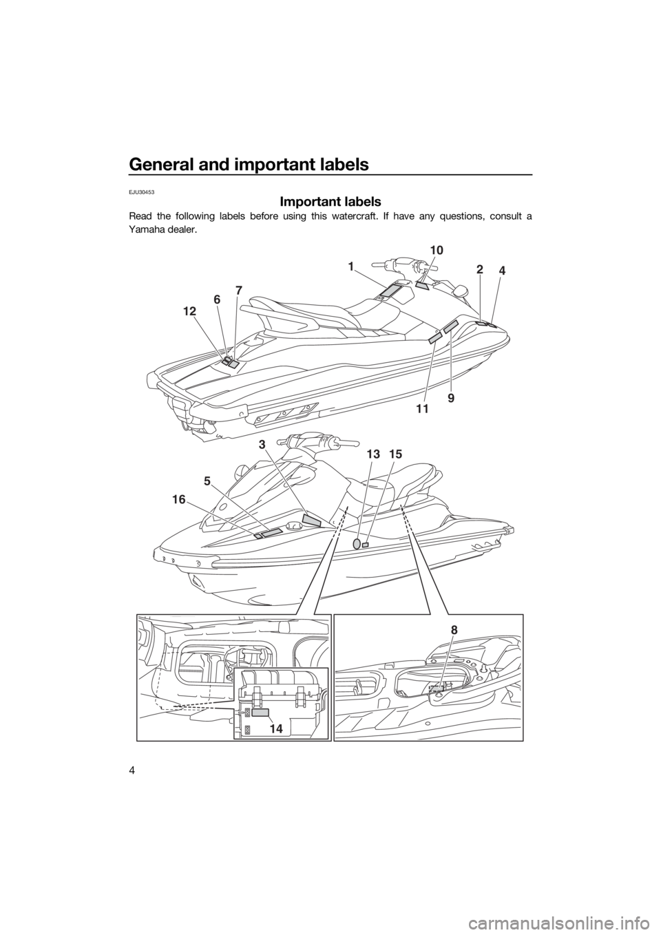 YAMAHA EX 2018  Owners Manual General and important labels
4
EJU30453
Important labels
Read the following labels before using this watercraft. If have any questions, consult a
Yamaha dealer.
110
2
4
119 12
5
163
13
15 7
6
14
8
UF3