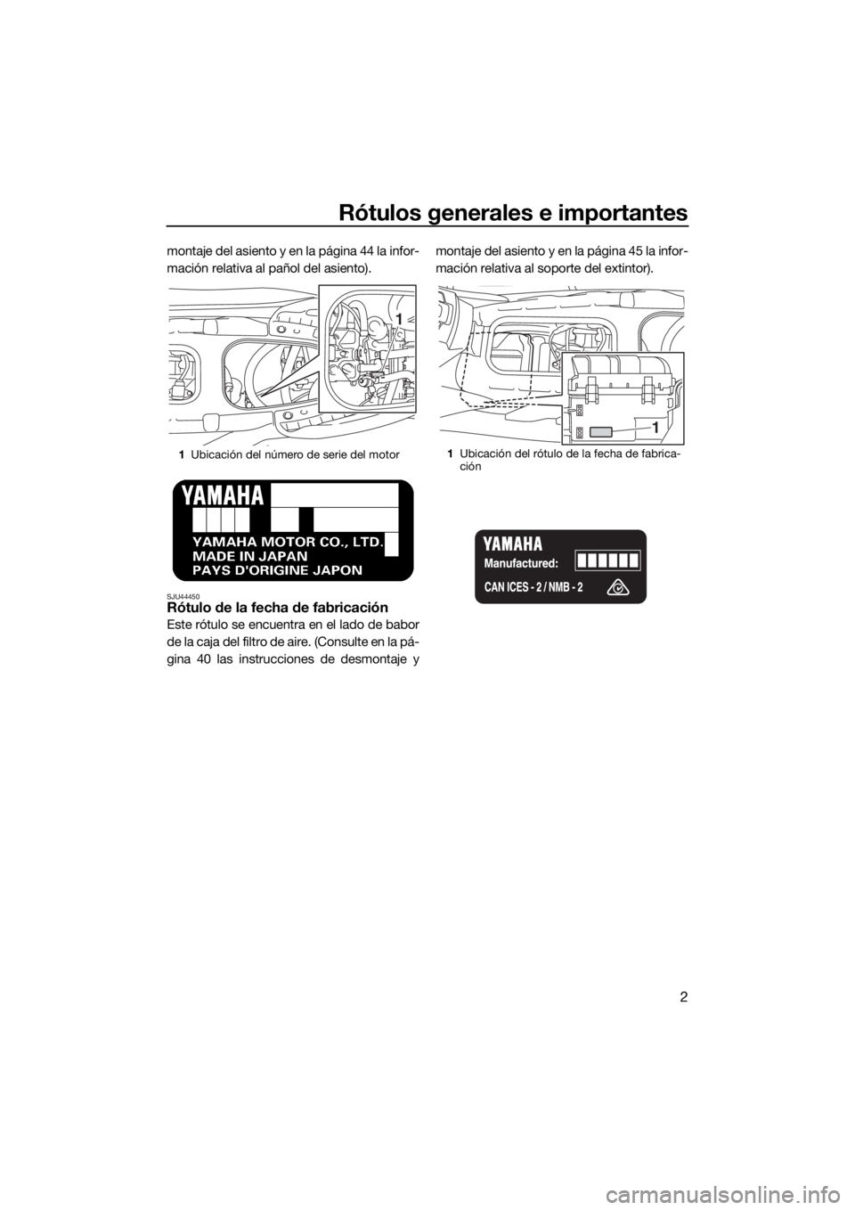 YAMAHA EX 2018  Manuale de Empleo (in Spanish) Rótulos generales e importantes
2
montaje del asiento y en la página 44 la infor-
mación relativa al pañol del asiento).
SJU44450Rótulo de la fecha de fabricación
Este rótulo se encuentra en el
