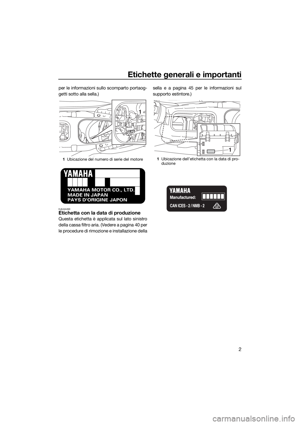 YAMAHA EX 2018 Manuale duso (in Italian) Etichette generali e importanti
2
per le informazioni sullo scomparto portaog-
getti sotto alla sella.)
HJU44450Etichetta con la data di produzione
Questa etichetta è applicata sul lato sinistro
dell YAMAHA EX 2018 Manuale duso (in Italian) Etichette generali e importanti
2
per le informazioni sullo scomparto portaog-
getti sotto alla sella.)
HJU44450Etichetta con la data di produzione
Questa etichetta è applicata sul lato sinistro
dell