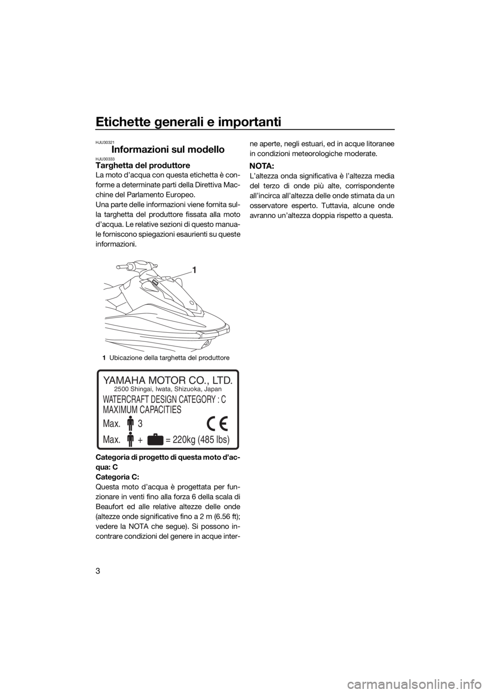 YAMAHA EX 2018  Manuale duso (in Italian) Etichette generali e importanti
3
HJU30321
Informazioni sul modelloHJU30333Targhetta del produttore
La moto d’acqua con questa etichetta è con-
forme a determinate parti della Direttiva Mac-
chine 