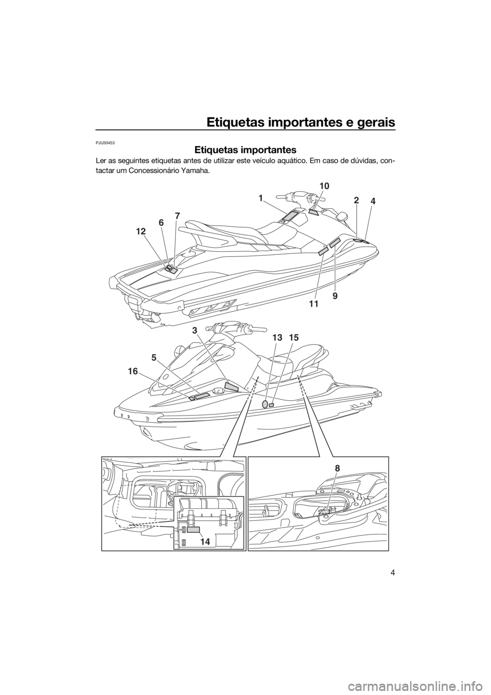 YAMAHA EX 2018 Manual de utilização (in Portuguese) Etiquetas importantes e gerais
4
PJU30453
Etiquetas importantes
Ler as seguintes etiquetas antes de utilizar este veículo aquático. Em caso de dúvidas, con-
tactar um Concessionário Yamaha.
110
2
YAMAHA EX 2018 Manual de utilização (in Portuguese) Etiquetas importantes e gerais
4
PJU30453
Etiquetas importantes
Ler as seguintes etiquetas antes de utilizar este veículo aquático. Em caso de dúvidas, con-
tactar um Concessionário Yamaha.
110
2