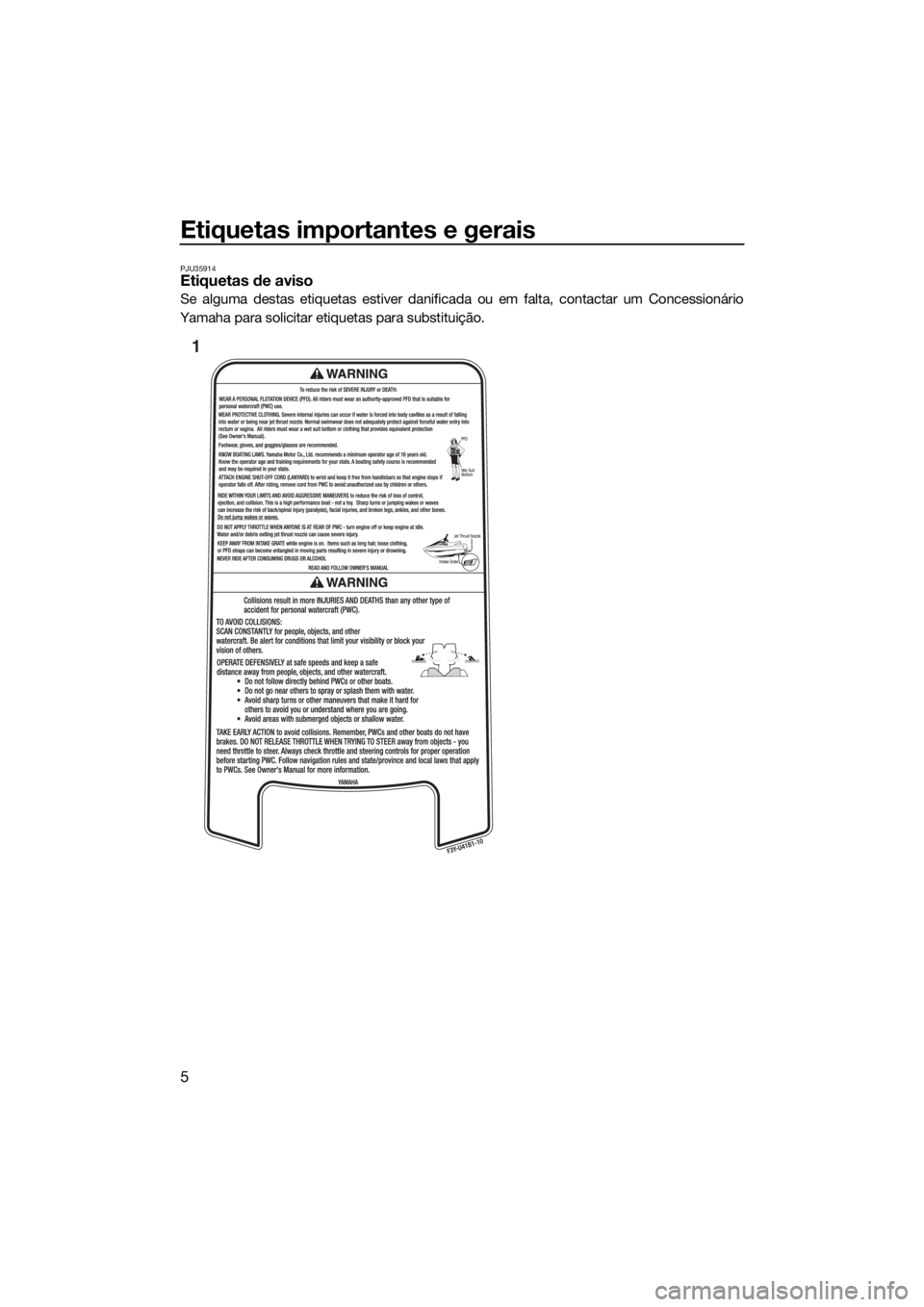 YAMAHA EX 2018 Manual de utilização (in Portuguese) Etiquetas importantes e gerais
5
PJU35914Etiquetas de aviso
Se alguma destas etiquetas estiver danificada ou em falta, contactar um Concessionário
Yamaha para solicitar etiquetas para substituição. YAMAHA EX 2018 Manual de utilização (in Portuguese) Etiquetas importantes e gerais
5
PJU35914Etiquetas de aviso
Se alguma destas etiquetas estiver danificada ou em falta, contactar um Concessionário
Yamaha para solicitar etiquetas para substituição.
