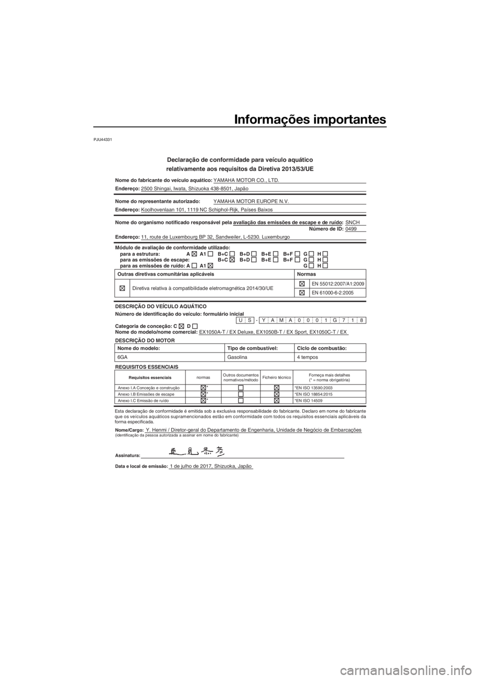 YAMAHA EX 2018  Manual de utilização (in Portuguese) Informações importantes
PJU44331
Declaração de conformidade para veículo aquático
relativamente aos requisitos da Diretiva 2013/53/UE
Nome do fabricante do veículo aquático: YAMAHA MOTOR CO., 
