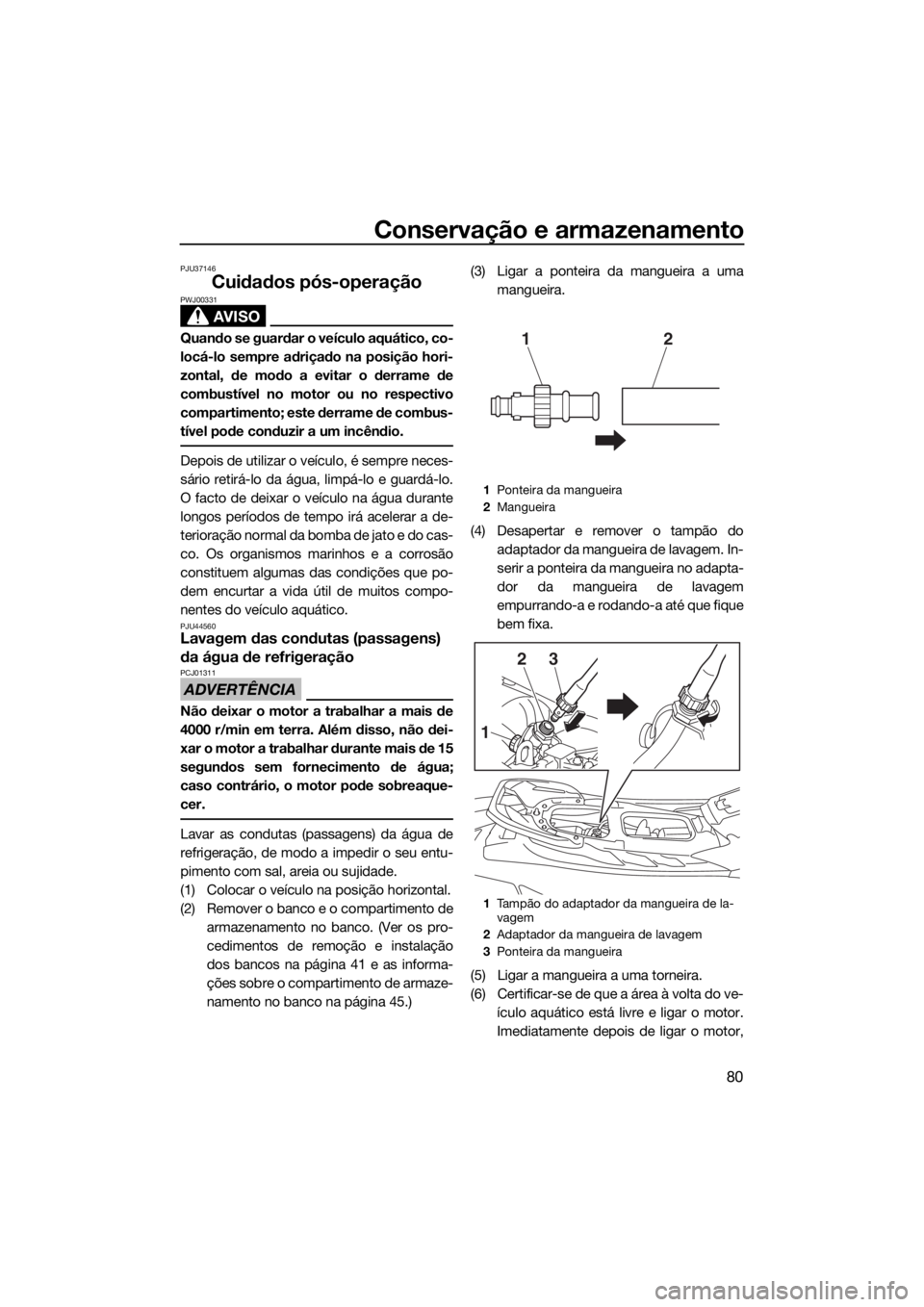 YAMAHA EX 2018 Manual de utilização (in Portuguese) Conservação e armazenamento
80
PJU37146
Cuidados pós-operação
AVISO
PWJ00331
Quando se guardar o veículo aquático, co-
locá-lo sempre adriçado na posição hori-
zontal, de modo a evitar o de YAMAHA EX 2018 Manual de utilização (in Portuguese) Conservação e armazenamento
80
PJU37146
Cuidados pós-operação
AVISO
PWJ00331
Quando se guardar o veículo aquático, co-
locá-lo sempre adriçado na posição hori-
zontal, de modo a evitar o de