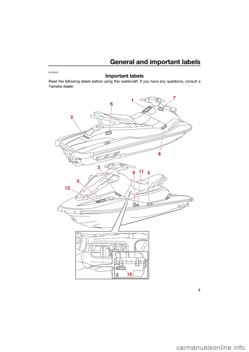 YAMAHA EX DELUXE 2021 User Guide General and important labels
4
EJU30454
Important labels
Read the following labels before using this watercraft. If you have any questions, consult a
Yamaha dealer.
17
8
2
6
5
12 3
9
114
10
UF3Y74E0.b