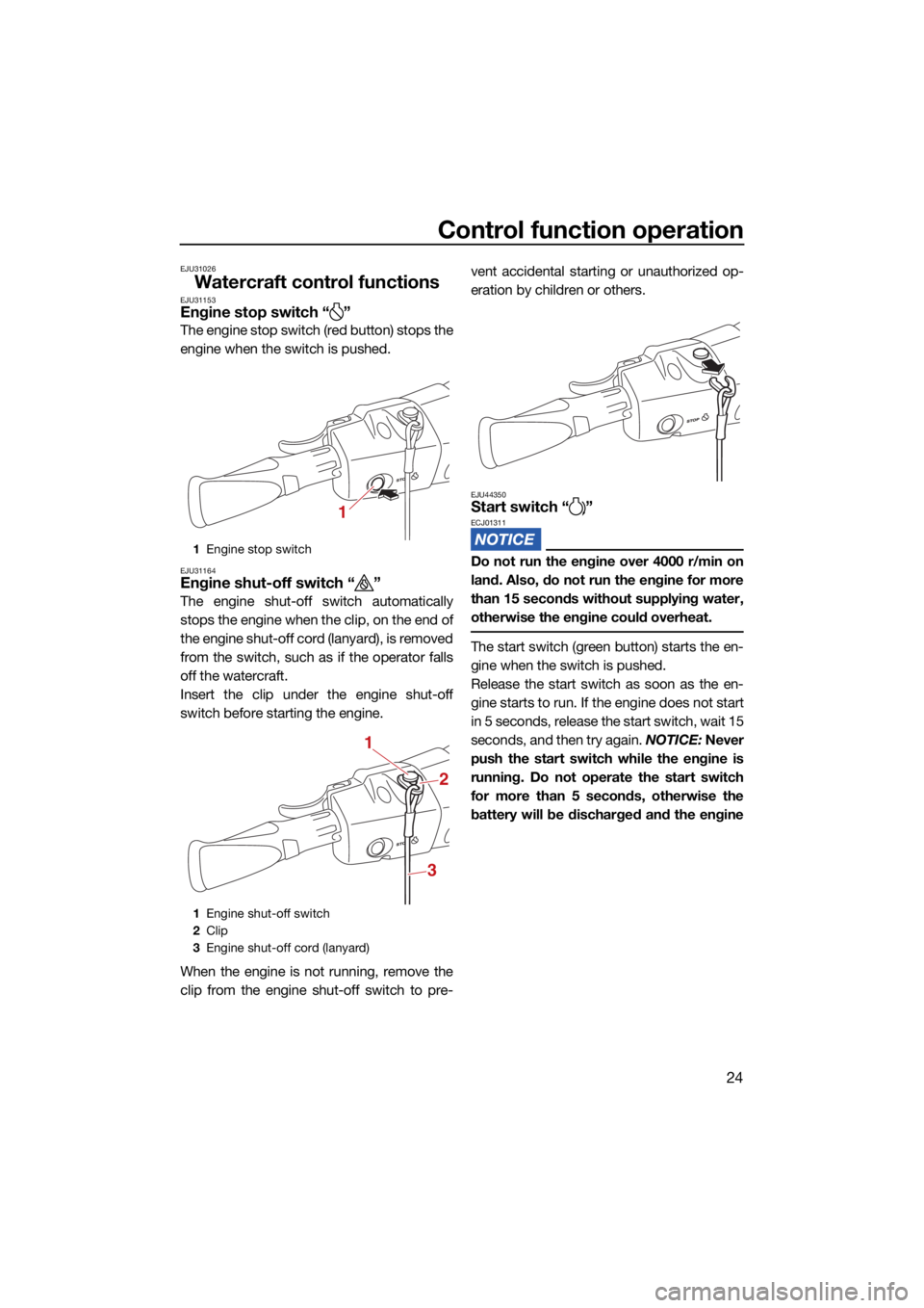 YAMAHA EX DELUXE 2021 Owners Guide Control function operation
24
EJU31026
Watercraft control functionsEJU31153Engine stop switch “ ”
The engine stop switch (red button) stops the
engine when the switch is pushed.
EJU31164Engine shu YAMAHA EX DELUXE 2021 Owners Guide Control function operation
24
EJU31026
Watercraft control functionsEJU31153Engine stop switch “ ”
The engine stop switch (red button) stops the
engine when the switch is pushed.
EJU31164Engine shu