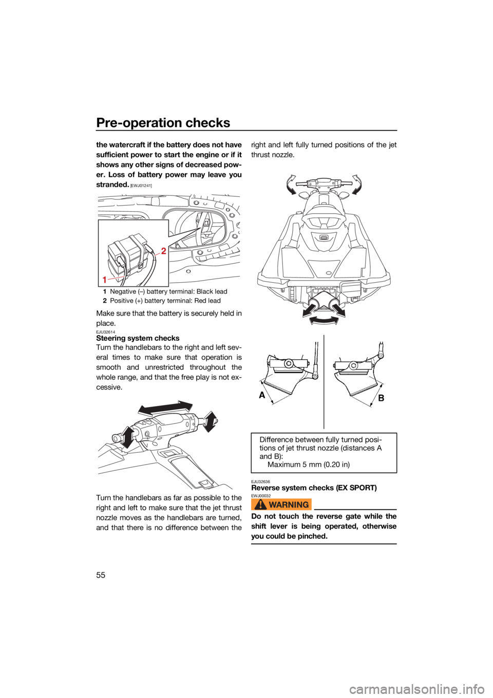 YAMAHA EX DELUXE 2021  Owners Manual Pre-operation checks
55
the watercraft if the battery does not have
sufficient power to start the engine or if it
shows any other signs of decreased pow-
er. Loss of battery power may leave you
strand