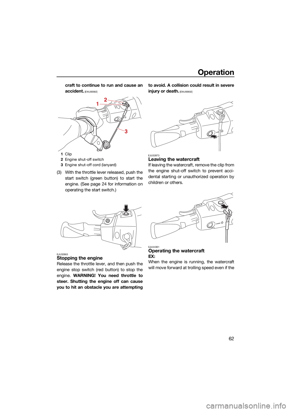 YAMAHA EX DELUXE 2021 Repair Manual Operation
62
craft to continue to run and cause an
accident.
 [EWJ00582]
(3) With the throttle lever released, push thestart switch (green button) to start the
engine. (See page 24 for information on
