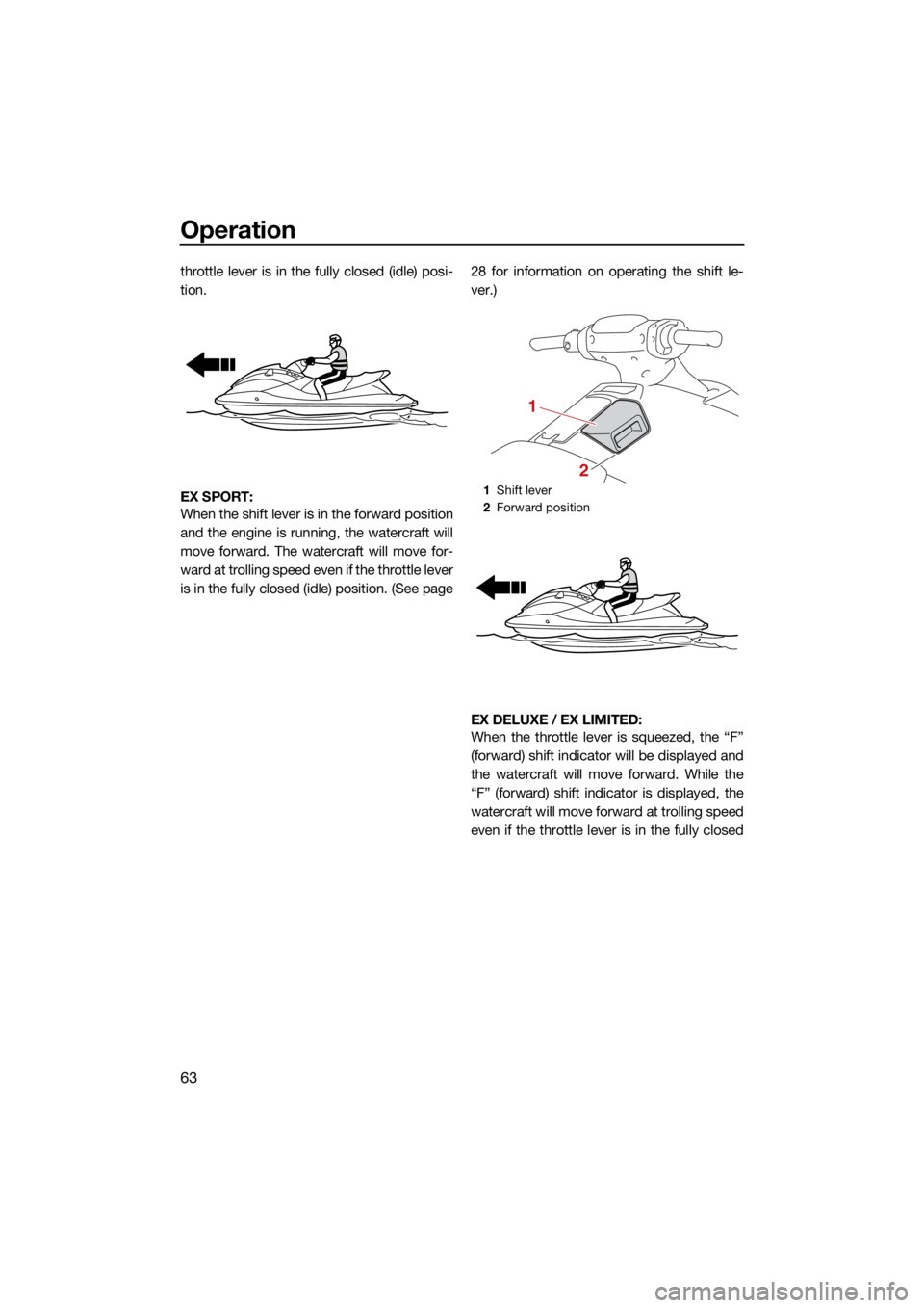 YAMAHA EX DELUXE 2021 Repair Manual Operation
63
throttle lever is in the fully closed (idle) posi-
tion.
EX SPORT:
When the shift lever is in the forward position
and the engine is running, the watercraft will
move forward. The waterc YAMAHA EX DELUXE 2021 Repair Manual Operation
63
throttle lever is in the fully closed (idle) posi-
tion.
EX SPORT:
When the shift lever is in the forward position
and the engine is running, the watercraft will
move forward. The waterc