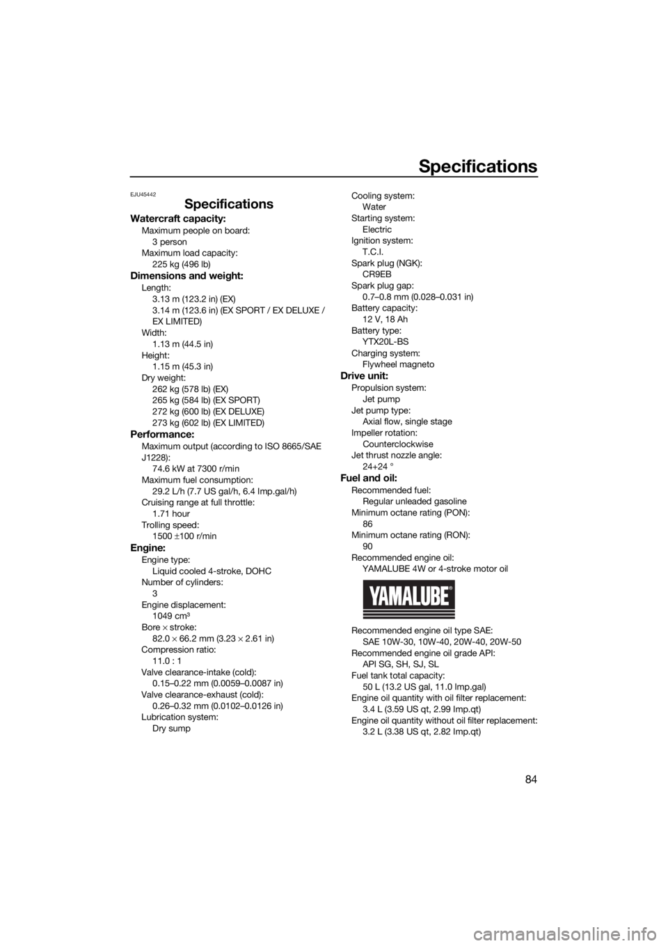 YAMAHA EX DELUXE 2021 User Guide Specifications
84
EJU45442
Specifications
Watercraft capacity:
Maximum people on board:3 person
Maximum load capacity: 225 kg (496 lb)
Dimensions and weight:
Length:
3.13 m (123.2 in) (EX)
3.14 m (123