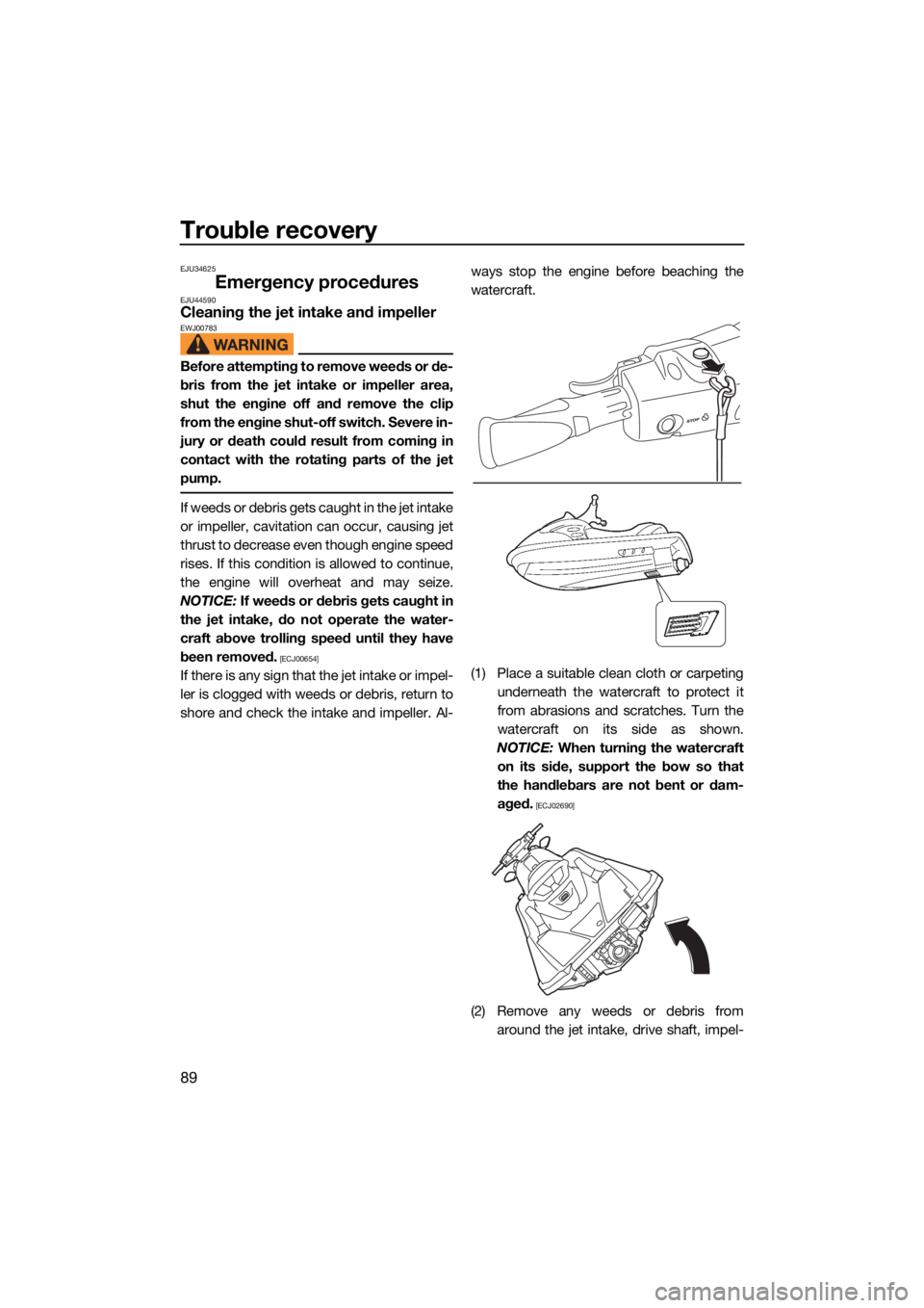 YAMAHA EX DELUXE 2021 Owners Guide Trouble recovery
89
EJU34625
Emergency proceduresEJU44590Cleaning the jet intake and impellerEWJ00783
Before attempting to remove weeds or de-
bris from the jet intake or impeller area,
shut the engin