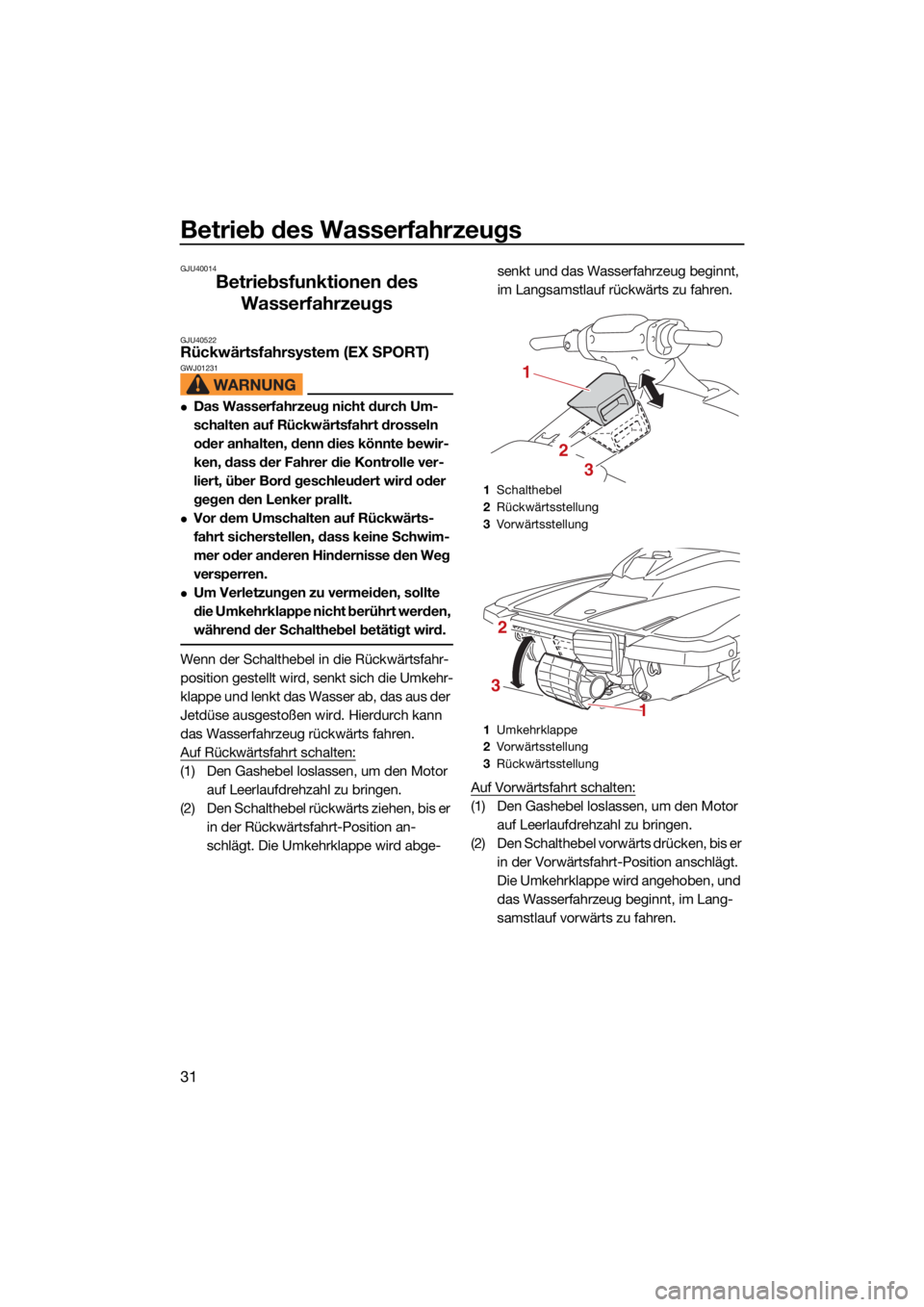 YAMAHA EX DELUXE 2021  Betriebsanleitungen (in German) Betrieb des Wasserfahrzeugs
31
GJU40014
Betriebsfunktionen des Wasserfahrzeugs
GJU40522Rückwärtsfahrsystem (EX SPORT)GWJ01231
Das Wasserfahrzeug nicht durch Um-
schalten auf Rückwärtsfahrt dros