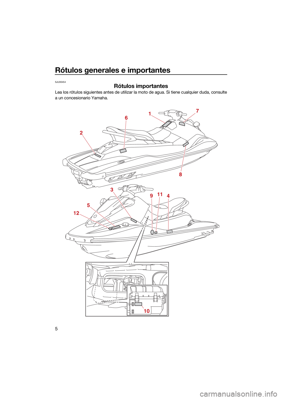YAMAHA EX DELUXE 2021 Manuale de Empleo (in Spanish) Rótulos generales e importantes
5
SJU30454
Rótulos importantes
Lea los rótulos siguientes antes de utilizar la moto de agua. Si tiene cualquier duda, consulte
a un concesionario Yamaha.
17
8
2
6
5
YAMAHA EX DELUXE 2021 Manuale de Empleo (in Spanish) Rótulos generales e importantes
5
SJU30454
Rótulos importantes
Lea los rótulos siguientes antes de utilizar la moto de agua. Si tiene cualquier duda, consulte
a un concesionario Yamaha.
17
8
2
6
5