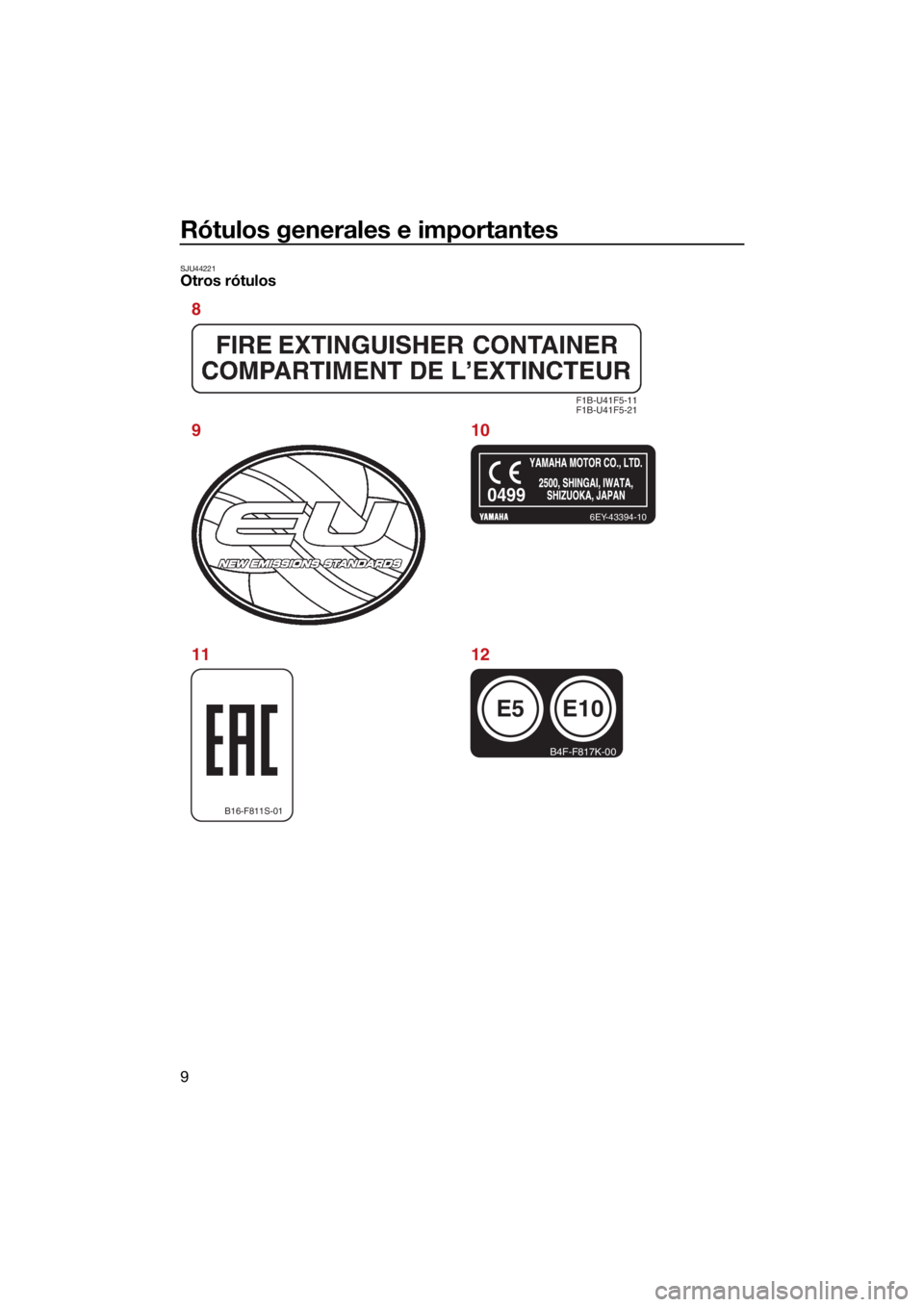 YAMAHA EX SPORT 2021  Manuale de Empleo (in Spanish) Rótulos generales e importantes
9
SJU44221Otros rótulos
F1B-U41F5-11
F1B-U41F5-21
6EY-43394-10
B16-F811S-01
E5
B4F-F817K-00
E10
0499
8
910
11 12
UF3Y74S0.book  Page 9  Tuesday, June 23, 2020  9:34 A