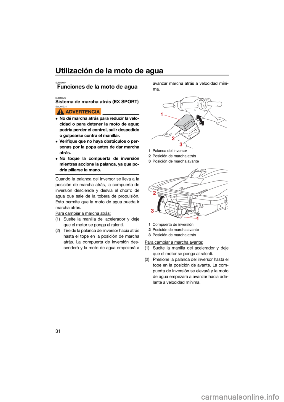 YAMAHA EX SPORT 2021  Manuale de Empleo (in Spanish) Utilización de la moto de agua
31
SJU40014
Funciones de la moto de agua
SJU40522Sistema de marcha atrás (EX SPORT)SWJ01231
No dé marcha atrás para reducir la velo-
cidad o para detener la moto 