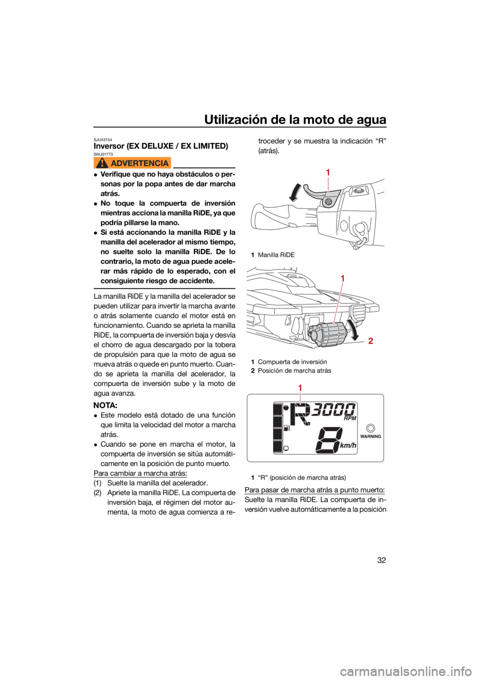 YAMAHA EX SPORT 2021  Manuale de Empleo (in Spanish) Utilización de la moto de agua
32
SJU43154Inversor (EX DELUXE / EX LIMITED)SWJ01773
Verifique que no haya obstáculos o per-
sonas por la popa antes de dar marcha
atrás.
No toque la compuerta 