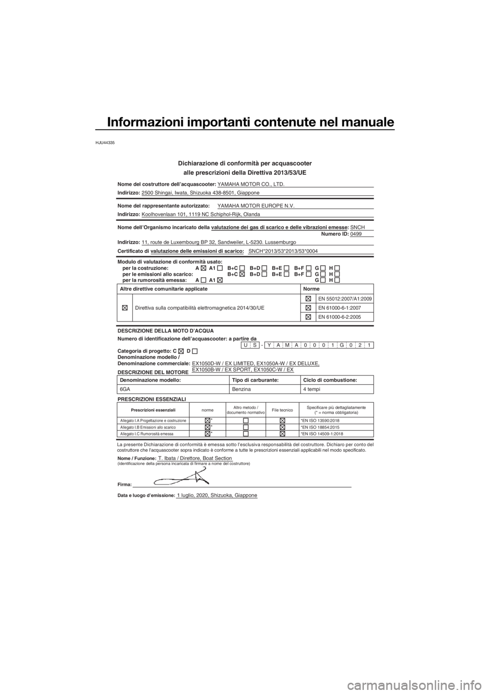 YAMAHA EX LIMITED 2021  Manuale duso (in Italian) Informazioni importanti contenute nel manuale
HJU44335
Dichiarazione di conformità per acquascooter
alle prescrizioni della Direttiva 2013/53/UE
Nome del costruttore dell’acquascooter: YAMAHA MOTOR