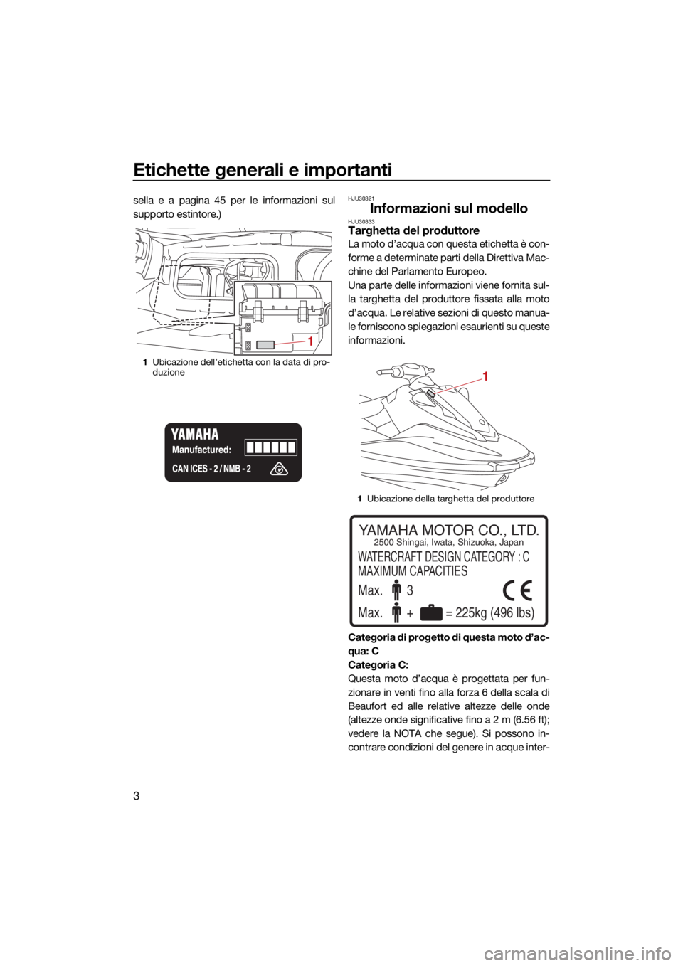 YAMAHA EX DELUXE 2021  Manuale duso (in Italian) Etichette generali e importanti
3
sella e a pagina 45 per le informazioni sul
supporto estintore.)HJU30321
Informazioni sul modelloHJU30333Targhetta del produttore
La moto d’acqua con questa etichet