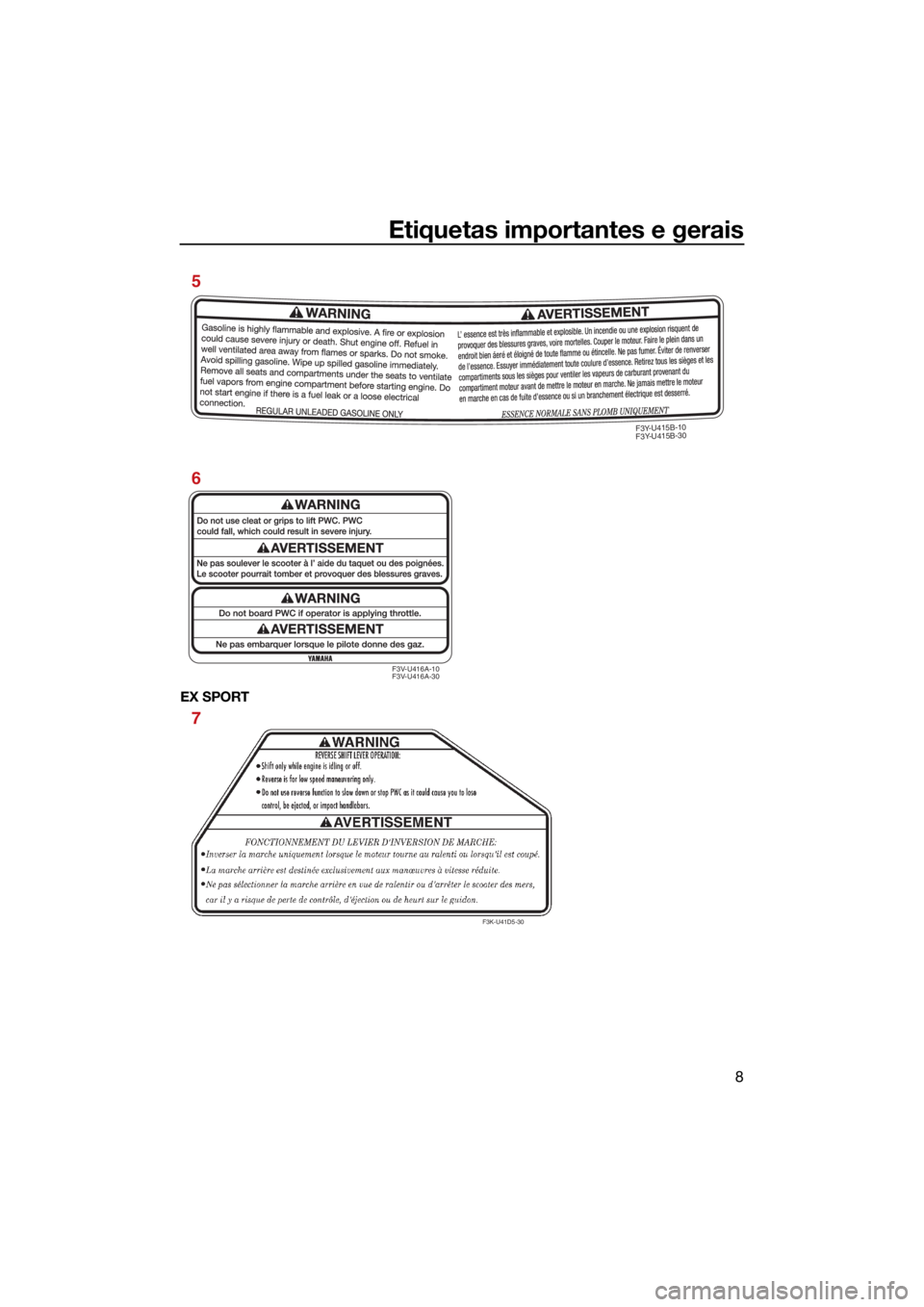 YAMAHA EX LIMITED 2021  Manual de utilização (in Portuguese) Etiquetas importantes e gerais
8
EX SPORT
F3V-U416A-10
F3V-U416A-30
F3Y-U415B-10
F3Y-U415B-30
6 5
F3K-U41D5-30
7
UF3Y74P0.book  Page 8  Tuesday, June 23, 2020  9:21 AM 