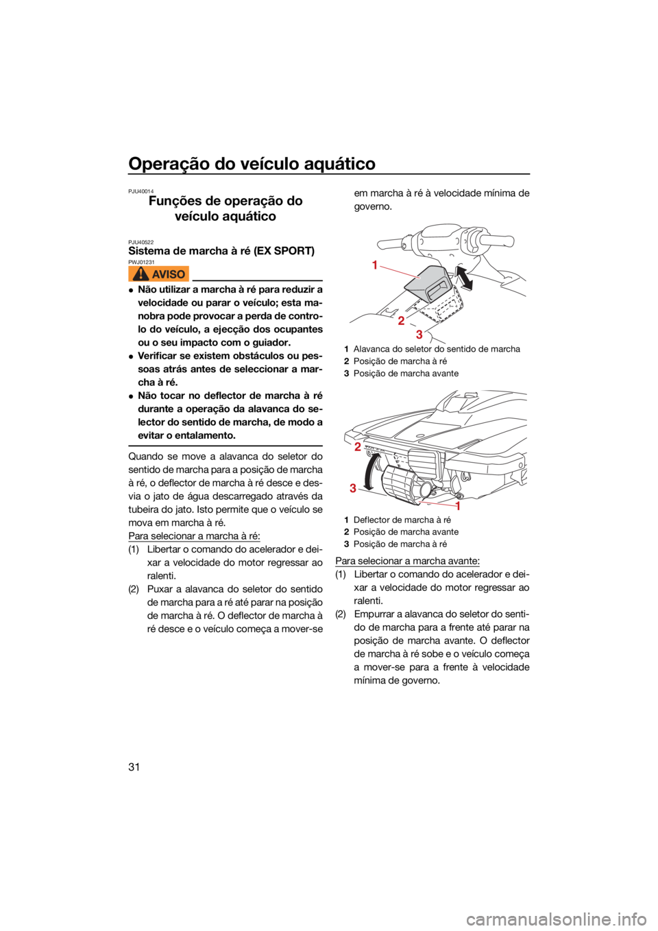YAMAHA EX LIMITED 2021 Manual de utilização (in Portuguese) Operação do veículo aquático
31
PJU40014
Funções de operação do veículo aquático
PJU40522Sistema de marcha à ré (EX SPORT)PWJ01231
Não utilizar a marcha à ré para reduzir a
velocidad YAMAHA EX LIMITED 2021 Manual de utilização (in Portuguese) Operação do veículo aquático
31
PJU40014
Funções de operação do veículo aquático
PJU40522Sistema de marcha à ré (EX SPORT)PWJ01231
Não utilizar a marcha à ré para reduzir a
velocidad
