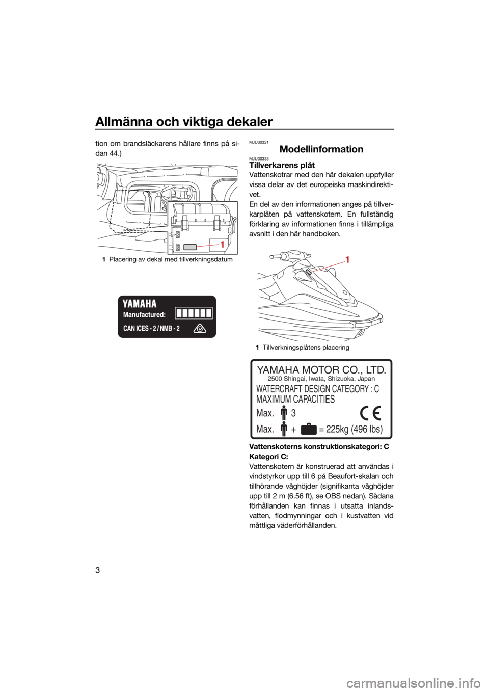 YAMAHA EX LIMITED 2021  Bruksanvisningar (in Swedish) Allmänna och viktiga dekaler
3
tion om brandsläckarens hållare finns på si-
dan 44.)MJU30321
ModellinformationMJU30333Tillverkarens plåt
Vattenskotrar med den här dekalen uppfyller
vissa delar a