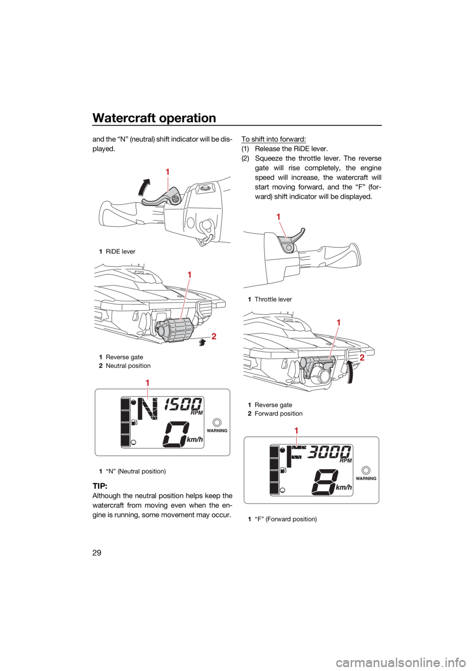 YAMAHA EXR 2021 Owners Manual Watercraft operation
29
and the “N” (neutral) shift indicator will be dis-
played.
TIP:
Although the neutral position helps keep the
watercraft from moving even when the en-
gine is running, some YAMAHA EXR 2021 Owners Manual Watercraft operation
29
and the “N” (neutral) shift indicator will be dis-
played.
TIP:
Although the neutral position helps keep the
watercraft from moving even when the en-
gine is running, some