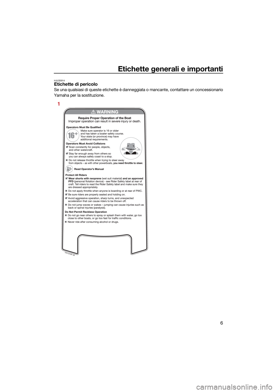 YAMAHA EXR 2021 Manuale duso (in Italian) Etichette generali e importanti
6
HJU35914Etichette di pericolo
Se una qualsiasi di queste etichette è danneggiata o mancante, contattare un concessionario
Yamaha per la sostituzione.
1
UF4L72H0.book YAMAHA EXR 2021 Manuale duso (in Italian) Etichette generali e importanti
6
HJU35914Etichette di pericolo
Se una qualsiasi di queste etichette è danneggiata o mancante, contattare un concessionario
Yamaha per la sostituzione.
1
UF4L72H0.book