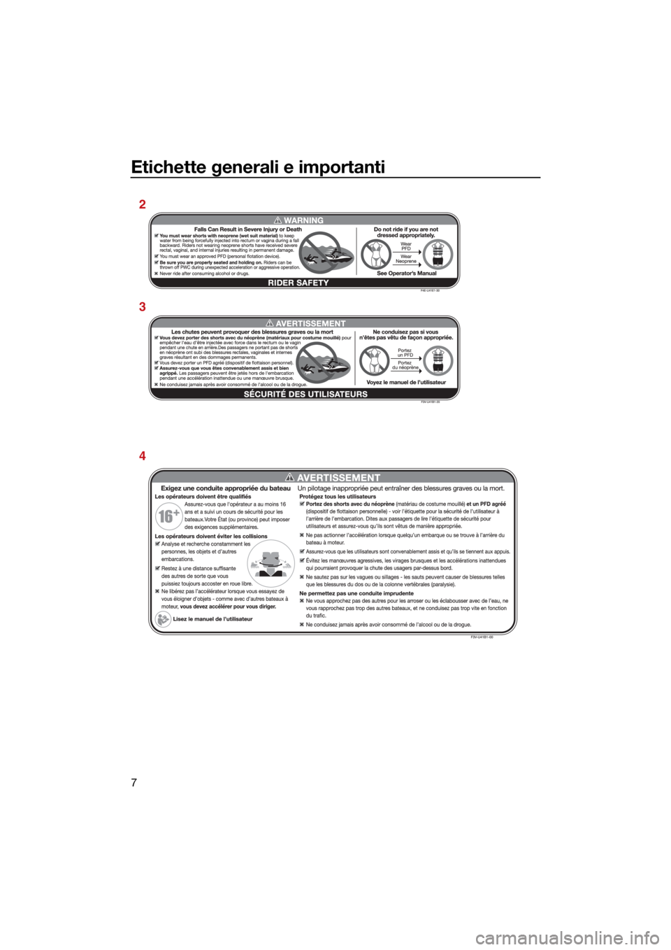 YAMAHA EXR 2021 Manuale duso (in Italian) Etichette generali e importanti
7
3
4 2
UF4L72H0.book Page 7 Thursday, June 11, 2020 4:43 PM YAMAHA EXR 2021 Manuale duso (in Italian) Etichette generali e importanti
7
3
4 2
UF4L72H0.book Page 7 Thursday, June 11, 2020 4:43 PM
