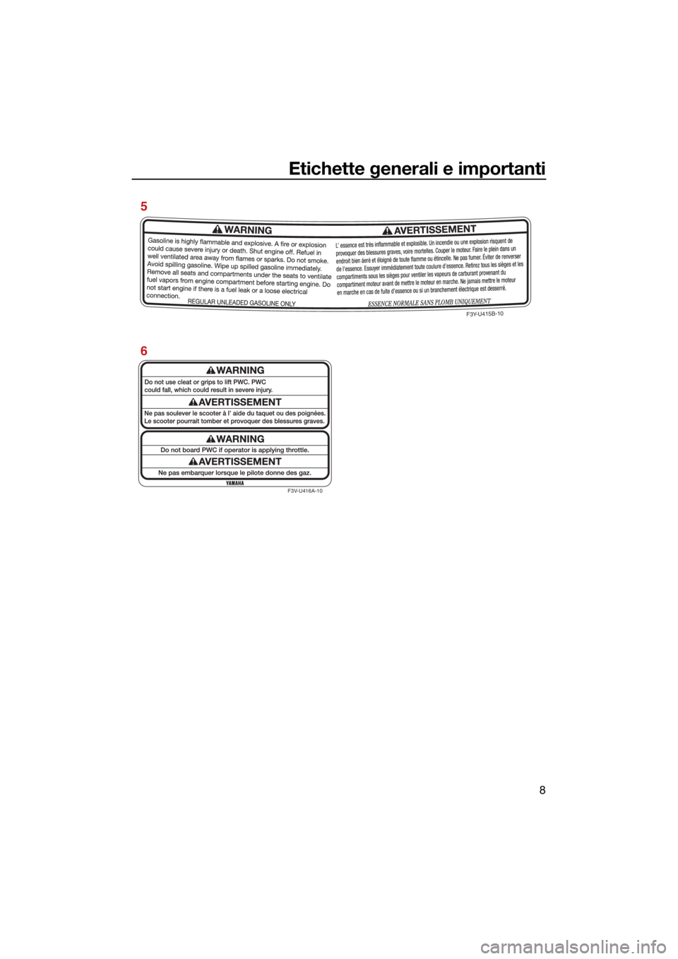 YAMAHA EXR 2021 Manuale duso (in Italian) Etichette generali e importanti
8
F3V-U416A-10
F3Y-U415B-10
6 5
UF4L72H0.book Page 8 Thursday, June 11, 2020 4:43 PM YAMAHA EXR 2021 Manuale duso (in Italian) Etichette generali e importanti
8
F3V-U416A-10
F3Y-U415B-10
6 5
UF4L72H0.book Page 8 Thursday, June 11, 2020 4:43 PM