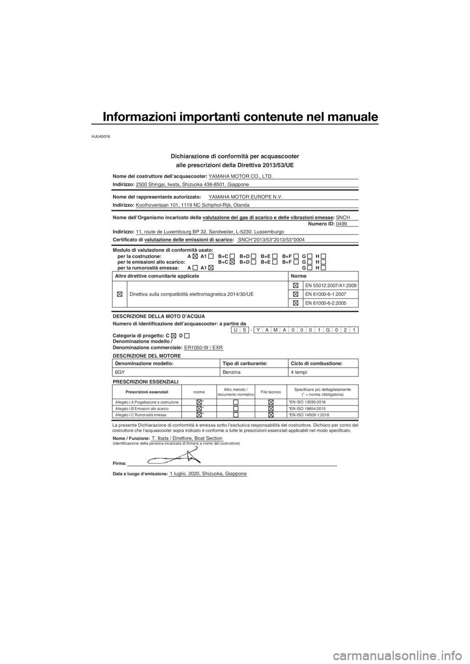 YAMAHA EXR 2021  Manuale duso (in Italian) Informazioni importanti contenute nel manuale
HJU45016
Dichiarazione di conformità per acquascooter
alle prescrizioni della Direttiva 2013/53/UE
Nome del costruttore dell’acquascooter: YAMAHA MOTOR