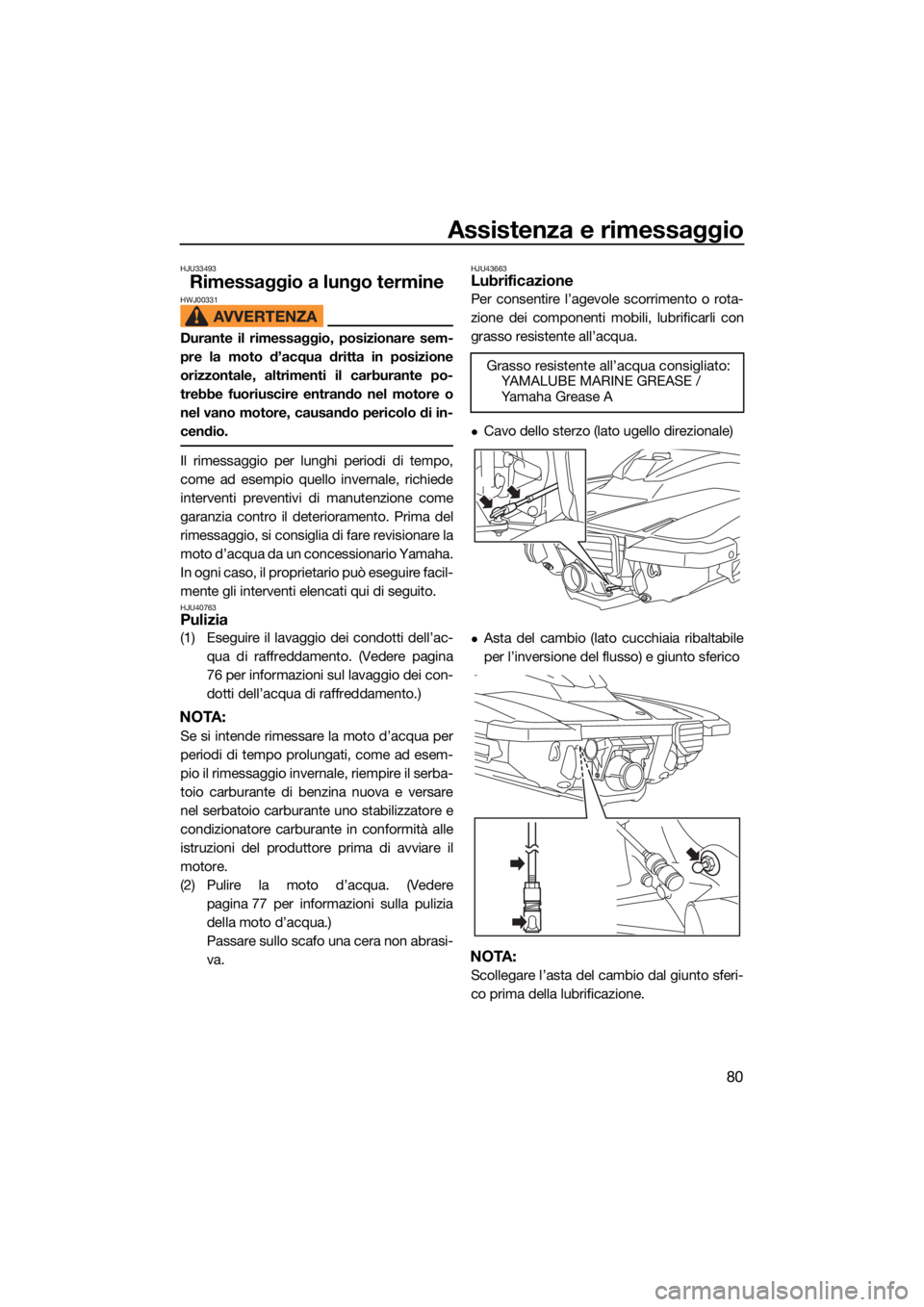 YAMAHA EXR 2021 Manuale duso (in Italian) Assistenza e rimessaggio
80
HJU33493
Rimessaggio a lungo termineHWJ00331
Durante il rimessaggio, posizionare sem-
pre la moto d’acqua dritta in posizione
orizzontale, altrimenti il carburante po-
tr YAMAHA EXR 2021 Manuale duso (in Italian) Assistenza e rimessaggio
80
HJU33493
Rimessaggio a lungo termineHWJ00331
Durante il rimessaggio, posizionare sem-
pre la moto d’acqua dritta in posizione
orizzontale, altrimenti il carburante po-
tr