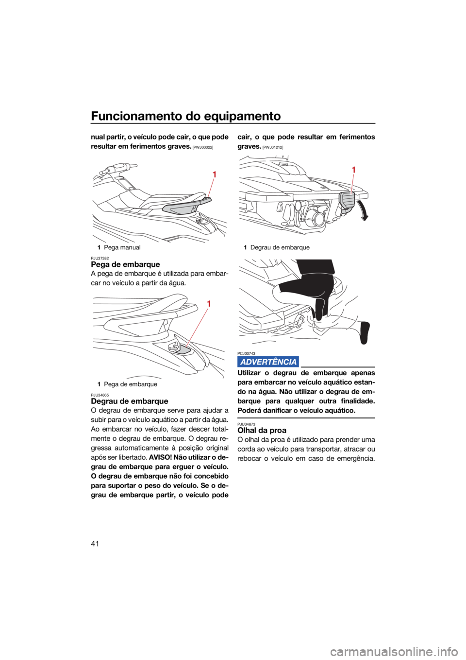 YAMAHA FJR1300 2021  Manual de utilização (in Portuguese) Funcionamento do equipamento
41
nual partir, o veículo pode cair, o que pode
resultar em ferimentos graves.
 [PWJ00022]
PJU37382
Pega de embarque
A pega de embarque é utilizada para embar-
car no ve