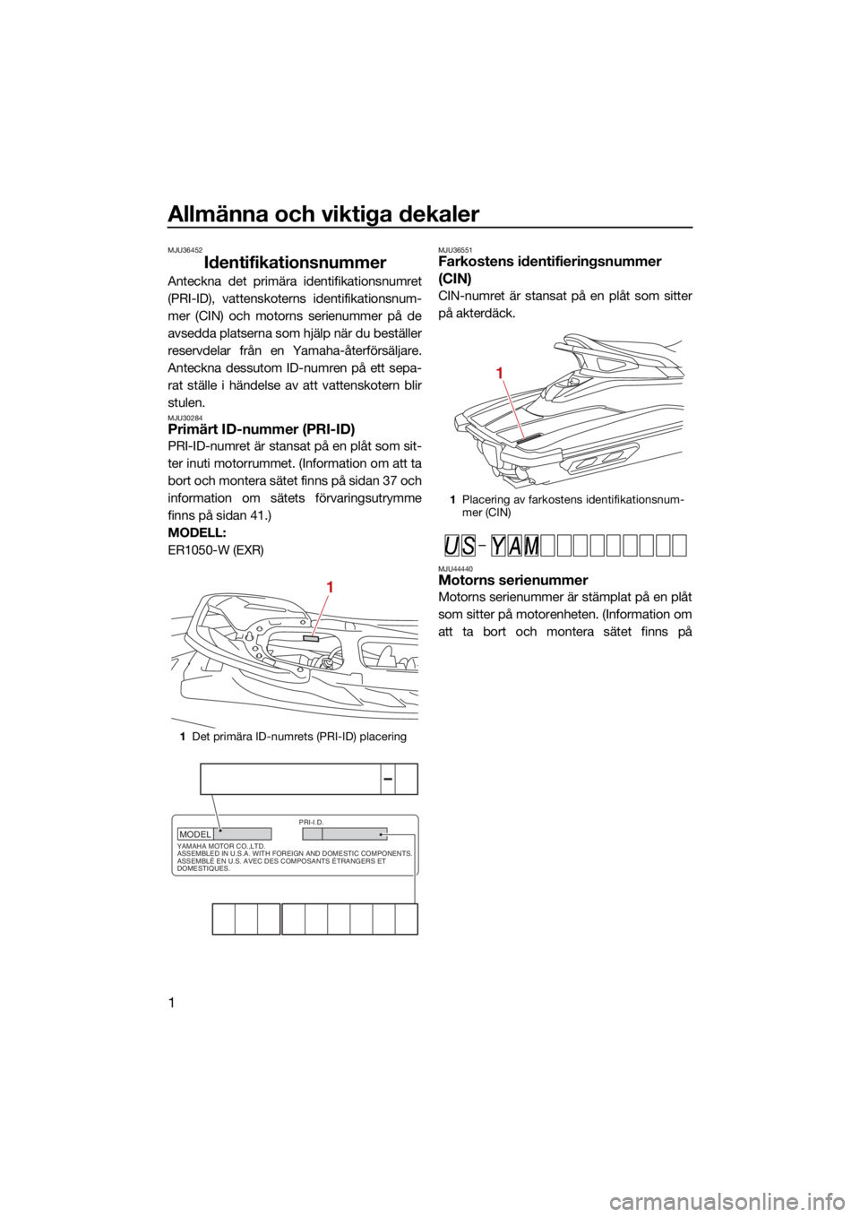 YAMAHA FJR1300 2021  Bruksanvisningar (in Swedish) Allmänna och viktiga dekaler
1
MJU36452
Identifikationsnummer
Anteckna det primära identifikationsnumret
(PRI-ID), vattenskoterns identifikationsnum-
mer (CIN) och motorns serienummer på de
avsedda