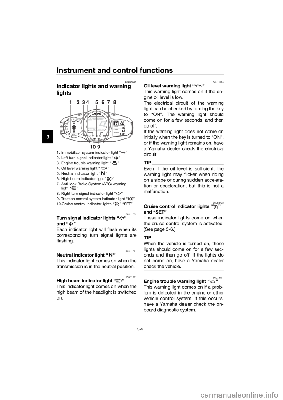 YAMAHA FJR1300A 2018 Owners Manual Instrument and control functions
3-4
3
EAU4939D
In dicator li ghts an d warnin g
li g hts
EAU11032Turn si gnal in dicator li ghts “ ”
an d“”
Each indicator light will flash when its
correspo YAMAHA FJR1300A 2018 Owners Manual Instrument and control functions
3-4
3
EAU4939D
In dicator li ghts an d warnin g
li g hts
EAU11032Turn si gnal in dicator li ghts “ ”
an d“”
Each indicator light will flash when its
correspo