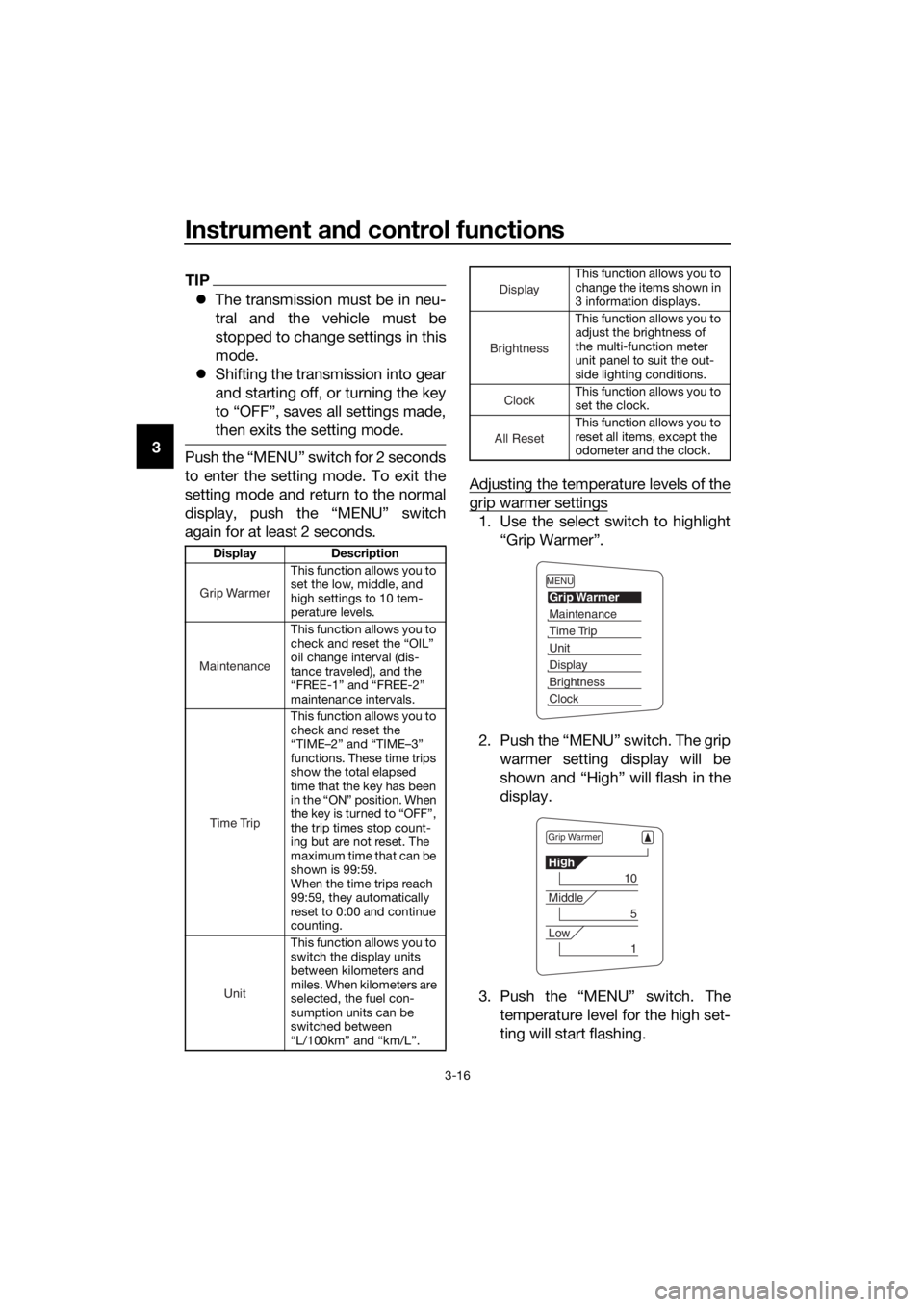 YAMAHA FJR1300A 2018 Owners Manual Instrument and control functions
3-16
3
TIP
The transmission must be in neu-
tral and the vehicle must be
stopped to change settings in this
mode.
Shifting the transmission into gear
and start YAMAHA FJR1300A 2018 Owners Manual Instrument and control functions
3-16
3
TIP
The transmission must be in neu-
tral and the vehicle must be
stopped to change settings in this
mode.
Shifting the transmission into gear
and start
